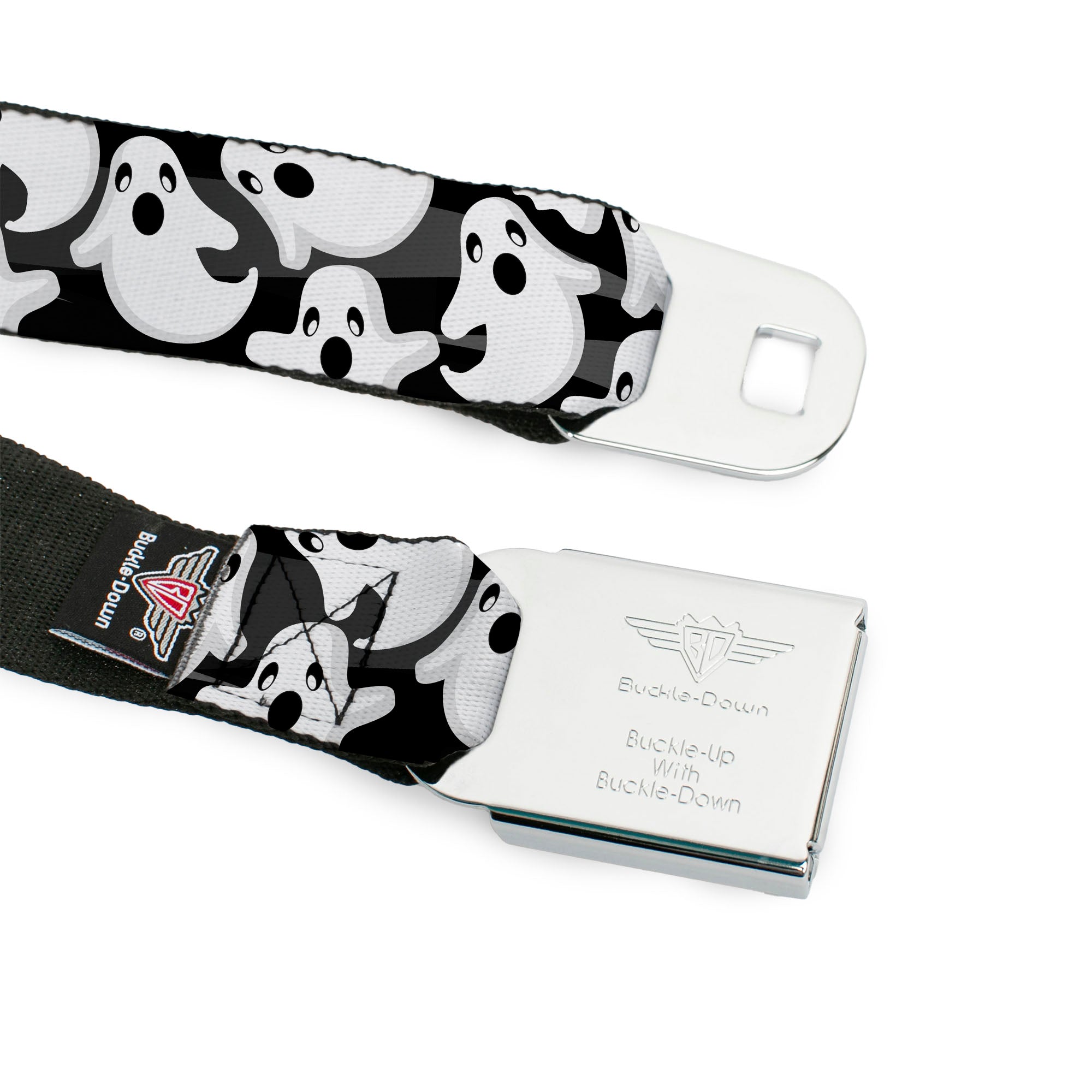 BD Wings Logo CLOSE-UP Full Color Black Silver Seatbelt Belt - Ghosts Scattered Black/White Webbing Seatbelt Belts Buckle-Down
