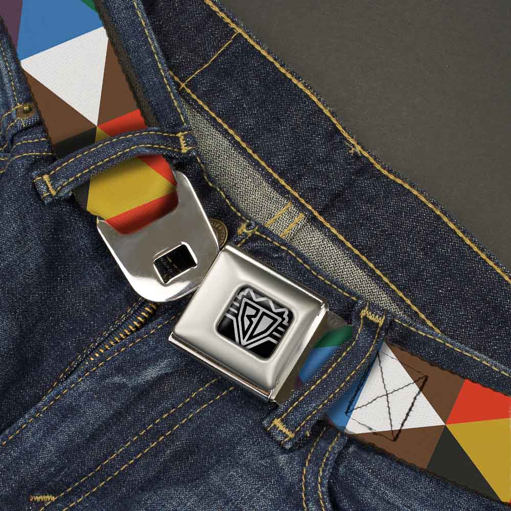 BD Wings Logo CLOSE-UP Full Color Black Silver Seatbelt Belt - Geometric Triangle Blocks Multi Color Webbing Seatbelt Belts Buckle-Down