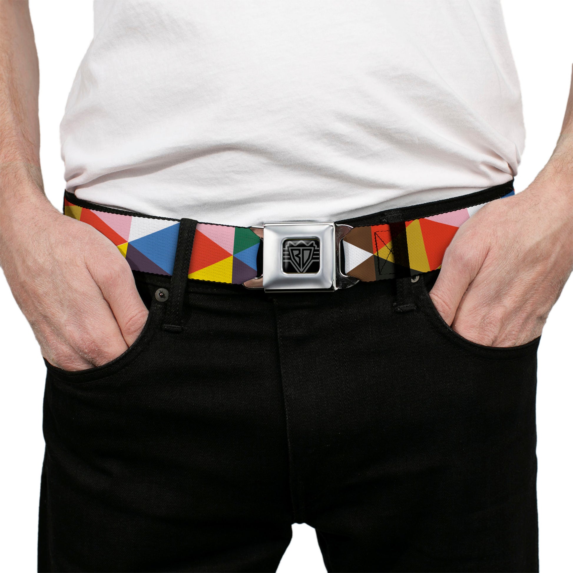 BD Wings Logo CLOSE-UP Full Color Black Silver Seatbelt Belt - Geometric Triangle Blocks Multi Color Webbing Seatbelt Belts Buckle-Down