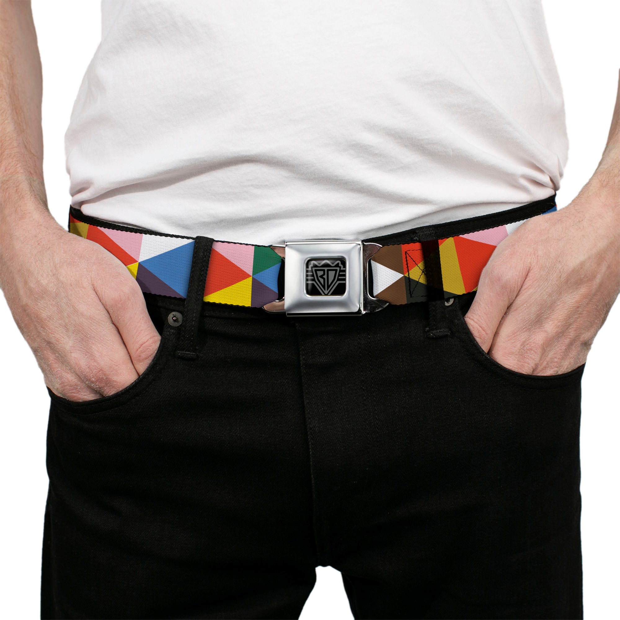 BD Wings Logo CLOSE-UP Full Color Black Silver Seatbelt Belt - Geometric Triangle Blocks Multi Color Webbing Seatbelt Belts Buckle-Down