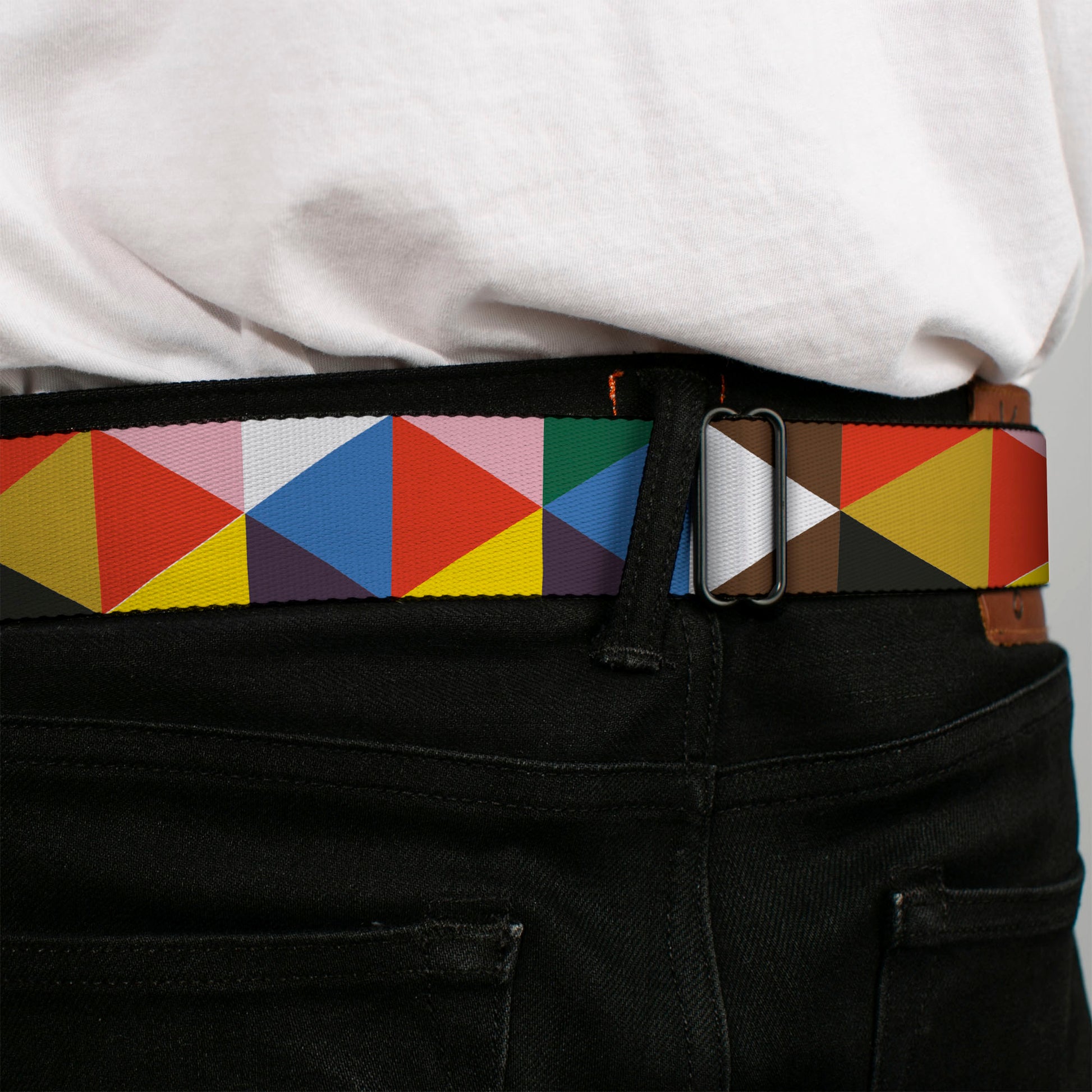 BD Wings Logo CLOSE-UP Full Color Black Silver Seatbelt Belt - Geometric Triangle Blocks Multi Color Webbing Seatbelt Belts Buckle-Down