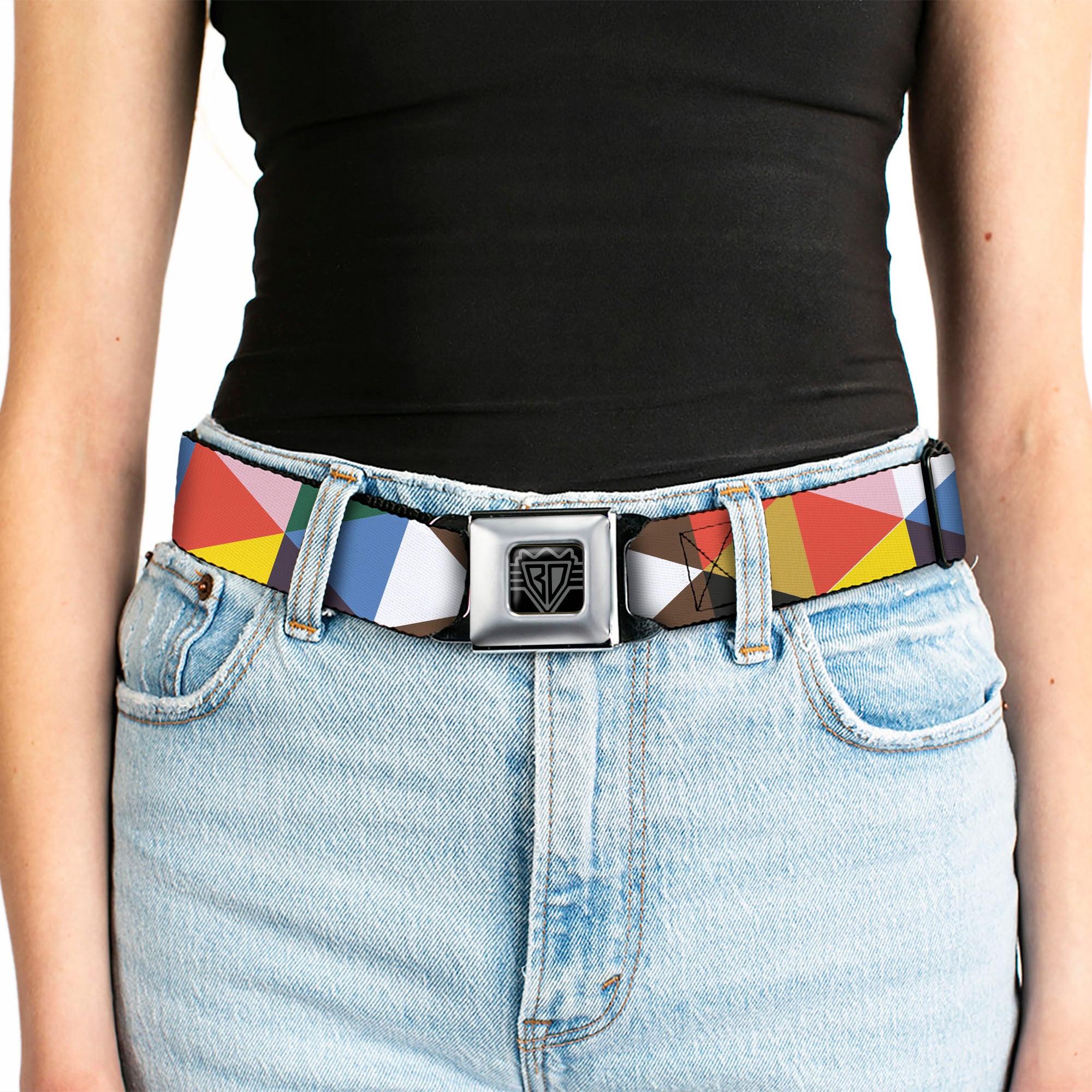BD Wings Logo CLOSE-UP Full Color Black Silver Seatbelt Belt - Geometric Triangle Blocks Multi Color Webbing Seatbelt Belts Buckle-Down