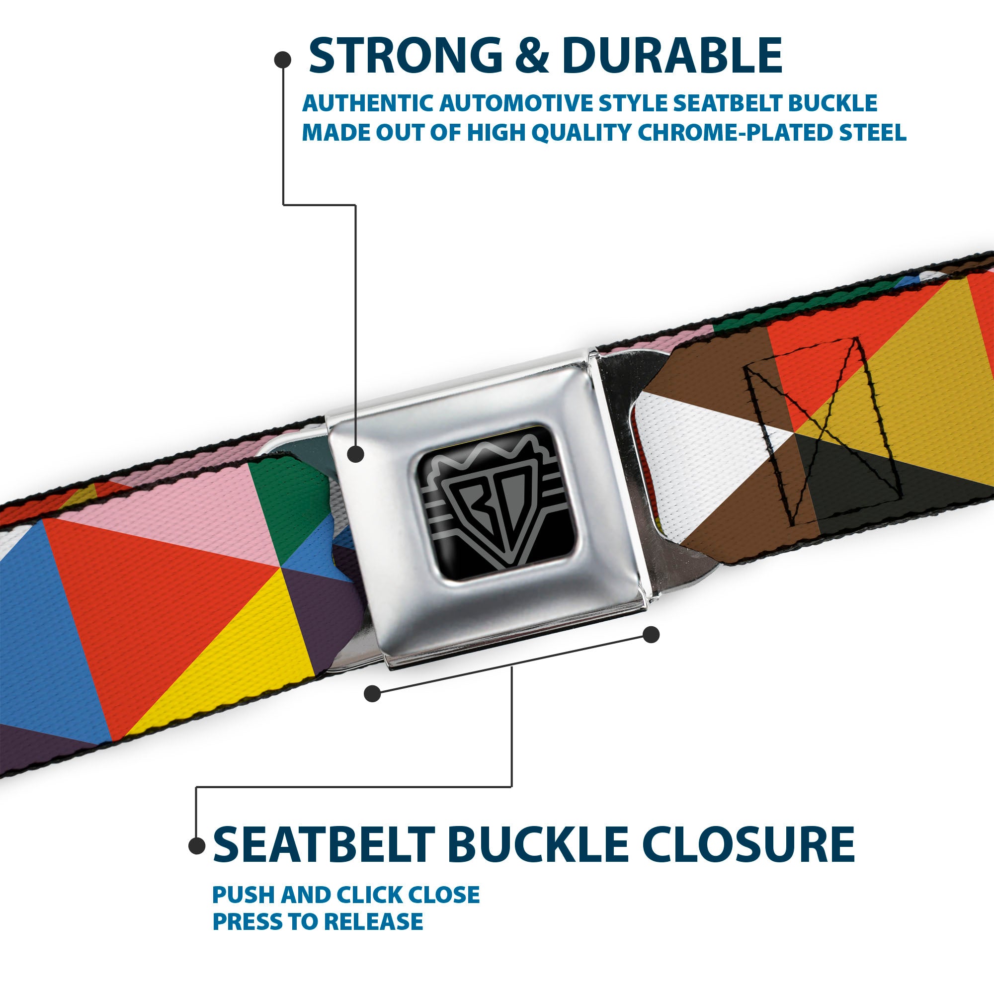 BD Wings Logo CLOSE-UP Full Color Black Silver Seatbelt Belt - Geometric Triangle Blocks Multi Color Webbing Seatbelt Belts Buckle-Down