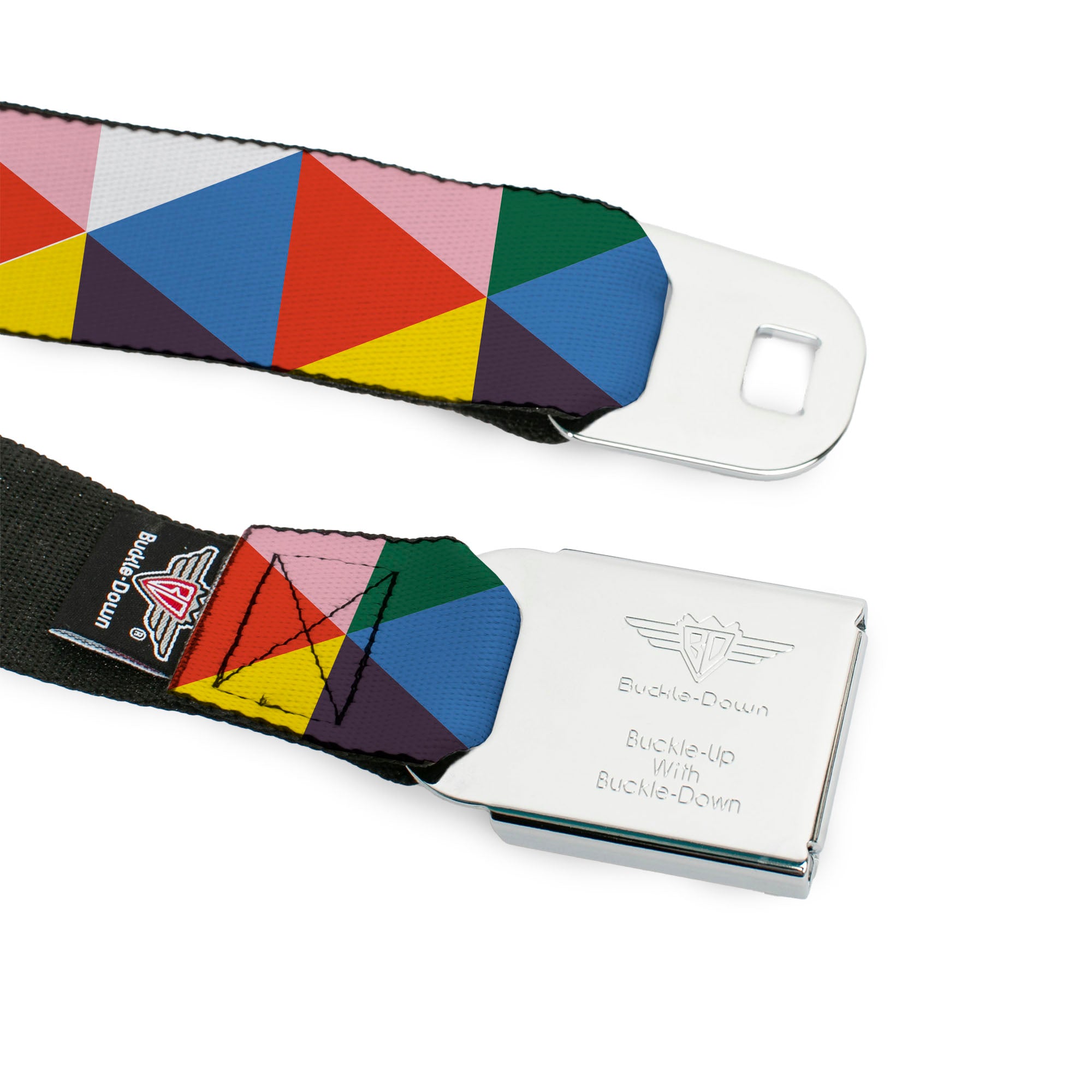 BD Wings Logo CLOSE-UP Full Color Black Silver Seatbelt Belt - Geometric Triangle Blocks Multi Color Webbing Seatbelt Belts Buckle-Down