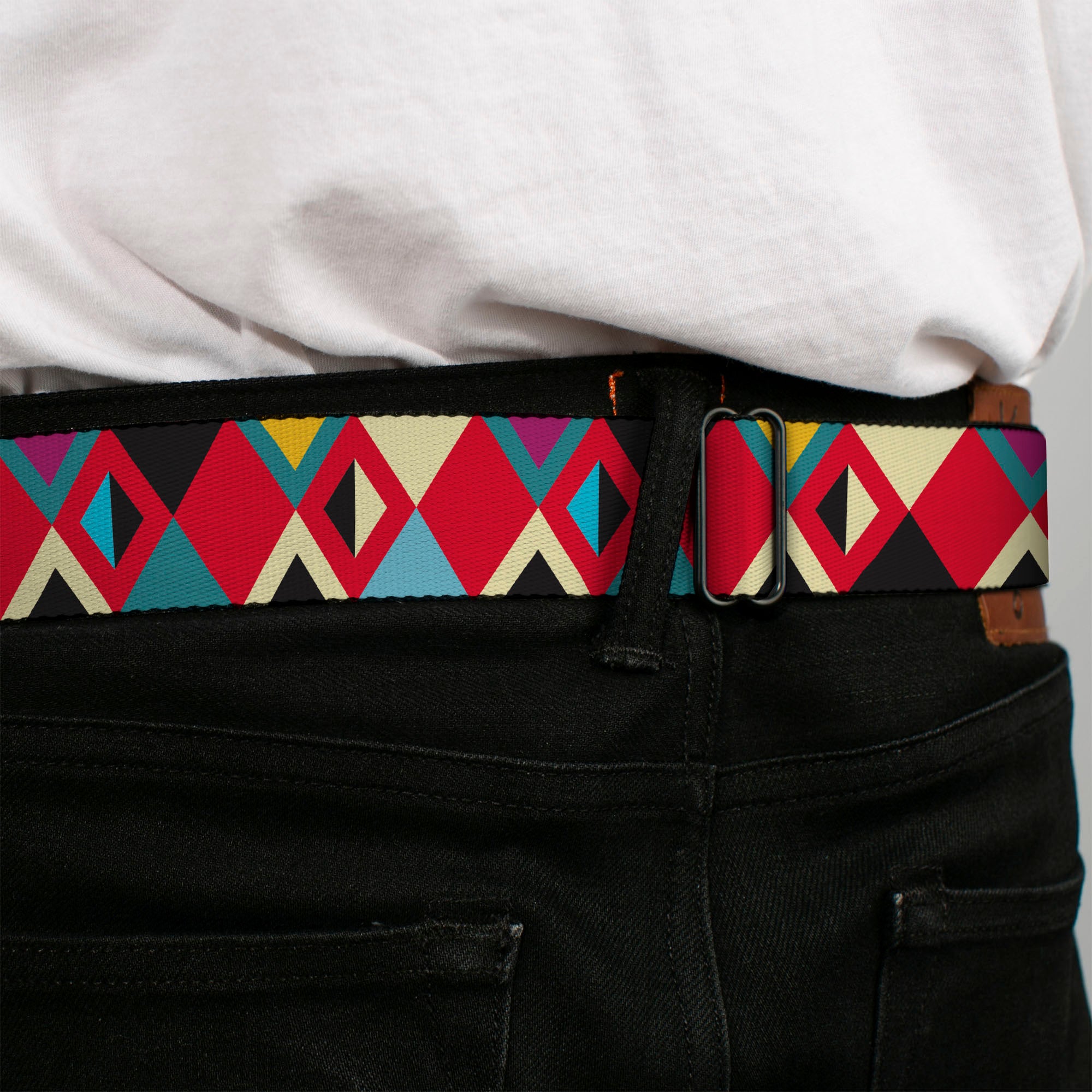 BD Wings Logo CLOSE-UP Full Color Black Silver Seatbelt Belt - Geometric9 Black/Red/Turquoise/Ivory Webbing Seatbelt Belts Buckle-Down