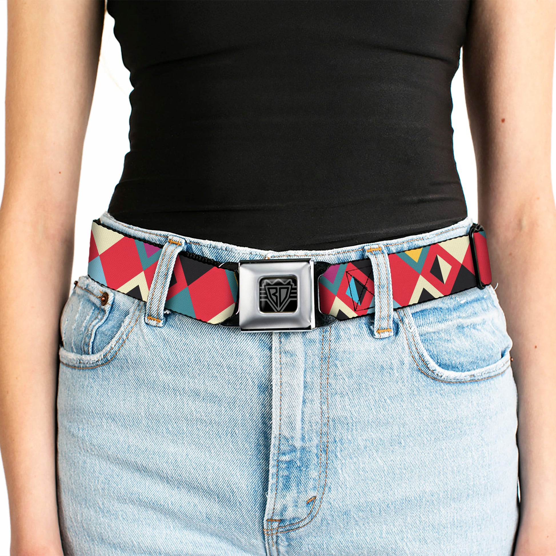 BD Wings Logo CLOSE-UP Full Color Black Silver Seatbelt Belt - Geometric9 Black/Red/Turquoise/Ivory Webbing Seatbelt Belts Buckle-Down