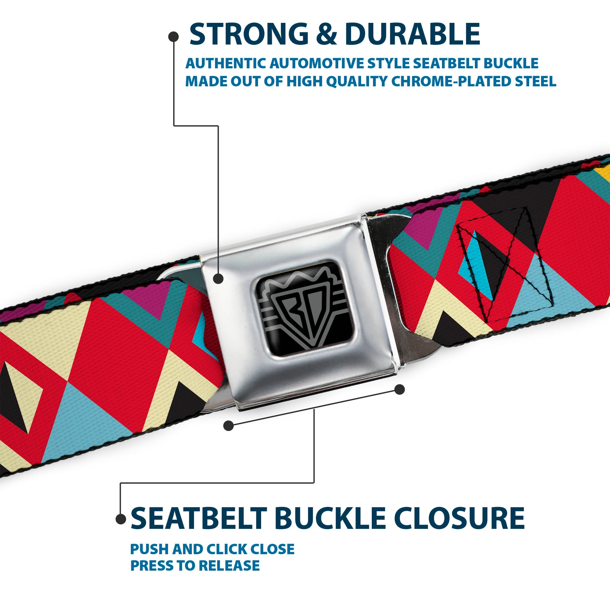 BD Wings Logo CLOSE-UP Full Color Black Silver Seatbelt Belt - Geometric9 Black/Red/Turquoise/Ivory Webbing Seatbelt Belts Buckle-Down