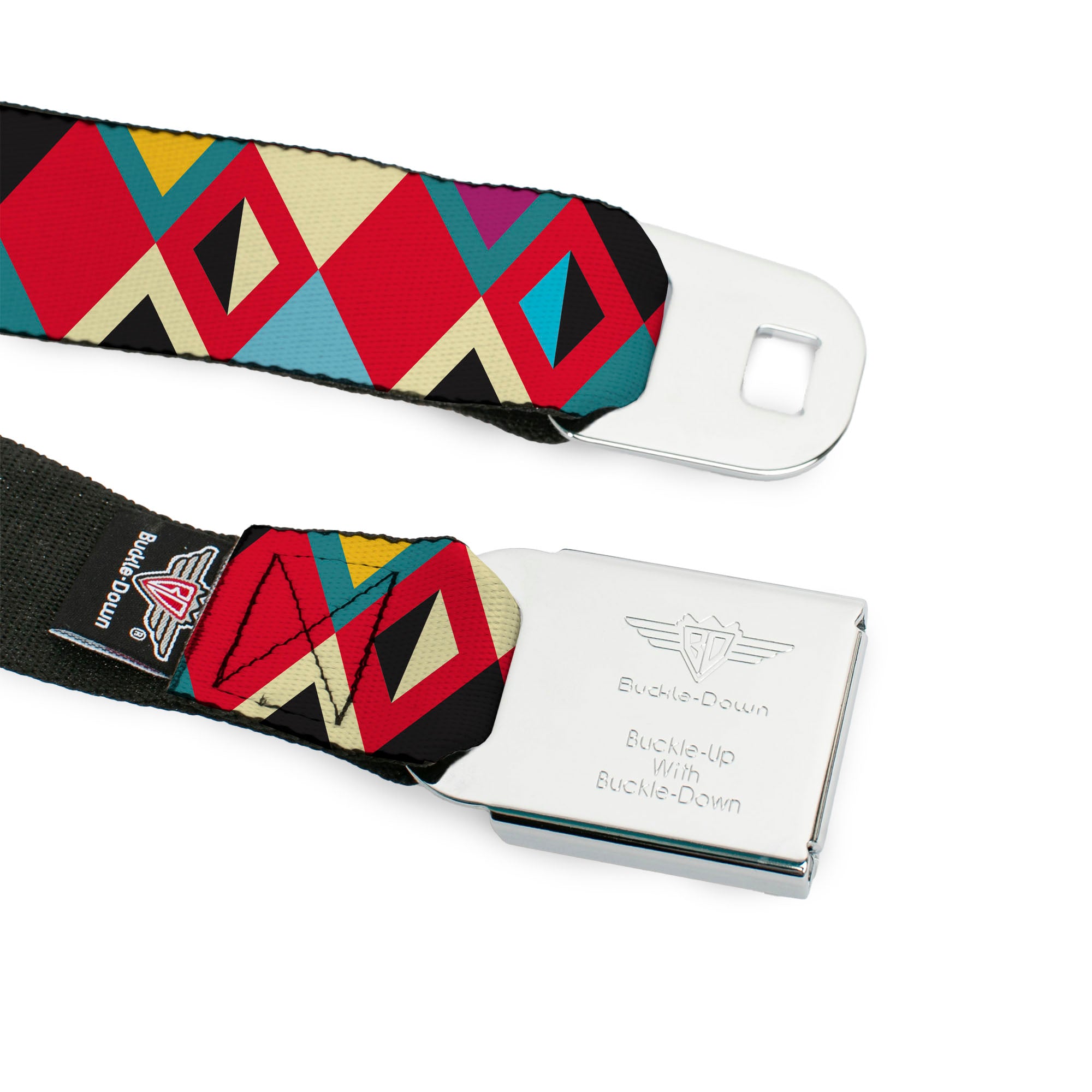BD Wings Logo CLOSE-UP Full Color Black Silver Seatbelt Belt - Geometric9 Black/Red/Turquoise/Ivory Webbing Seatbelt Belts Buckle-Down