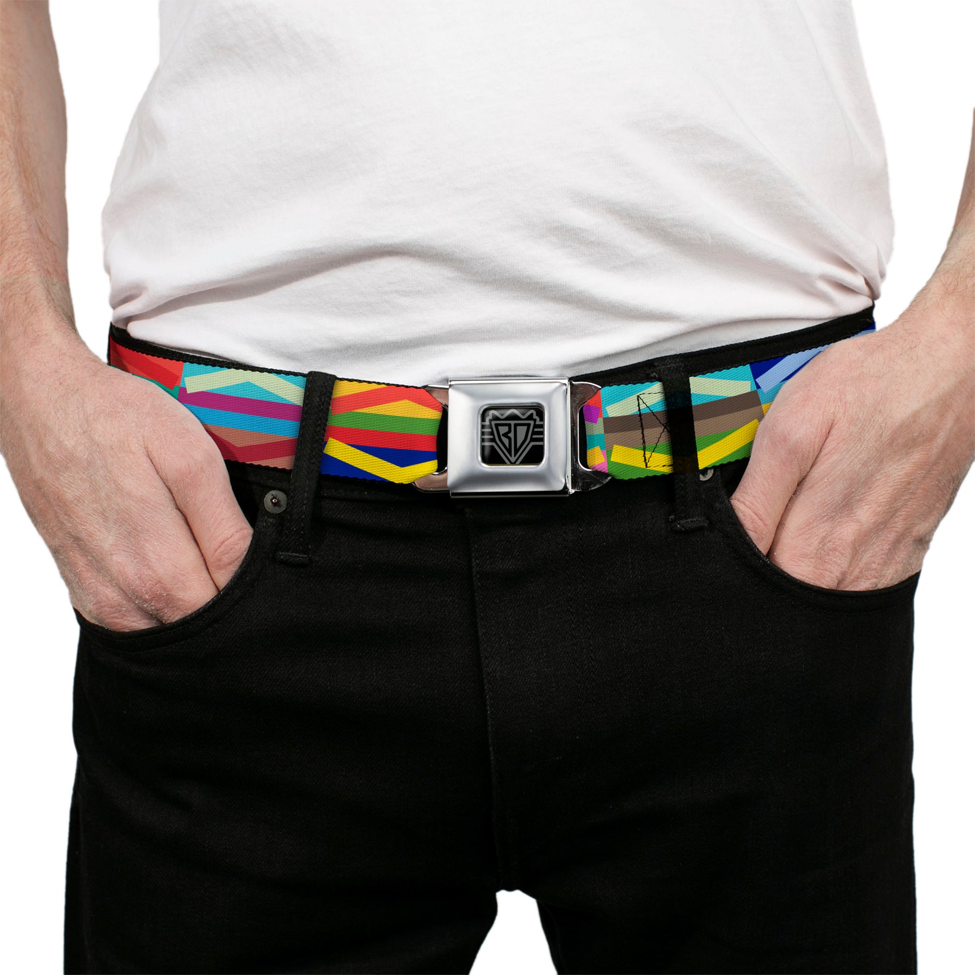 BD Wings Logo CLOSE-UP Full Color Black Silver Seatbelt Belt - Geometric10 Multi Color Webbing Seatbelt Belts Buckle-Down