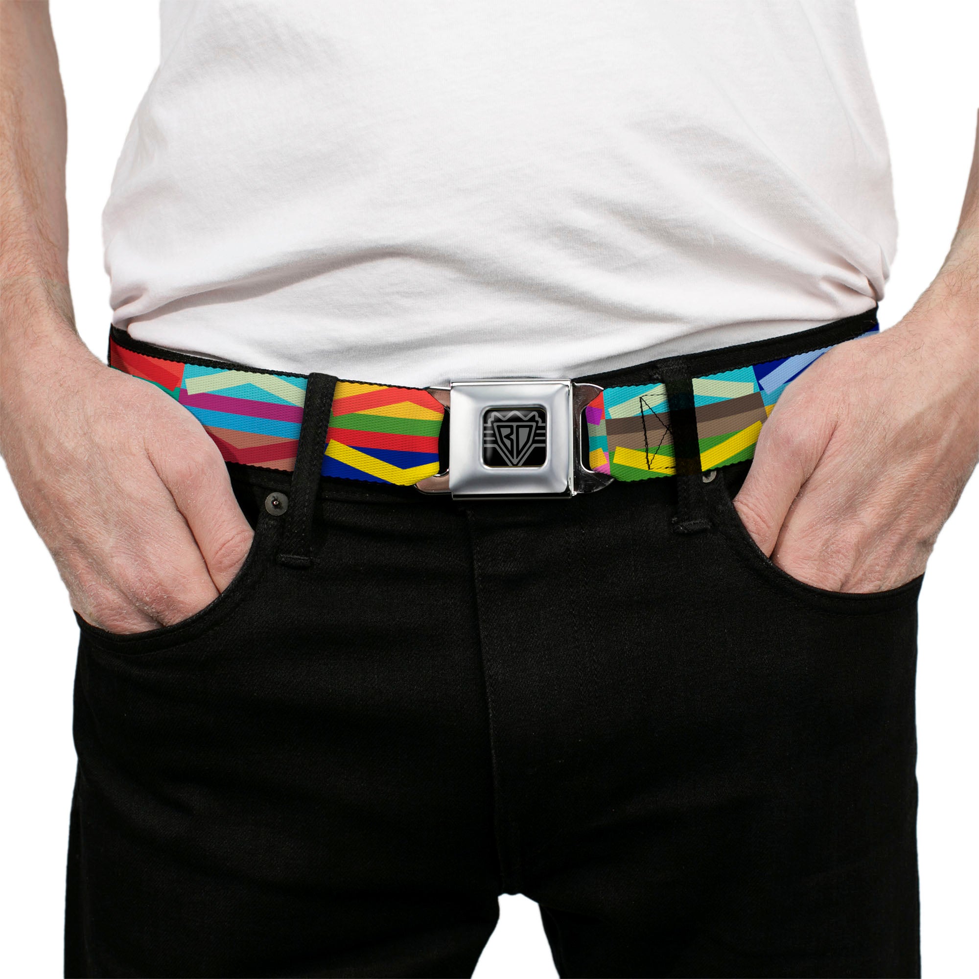 BD Wings Logo CLOSE-UP Full Color Black Silver Seatbelt Belt - Geometric10 Multi Color Webbing Seatbelt Belts Buckle-Down