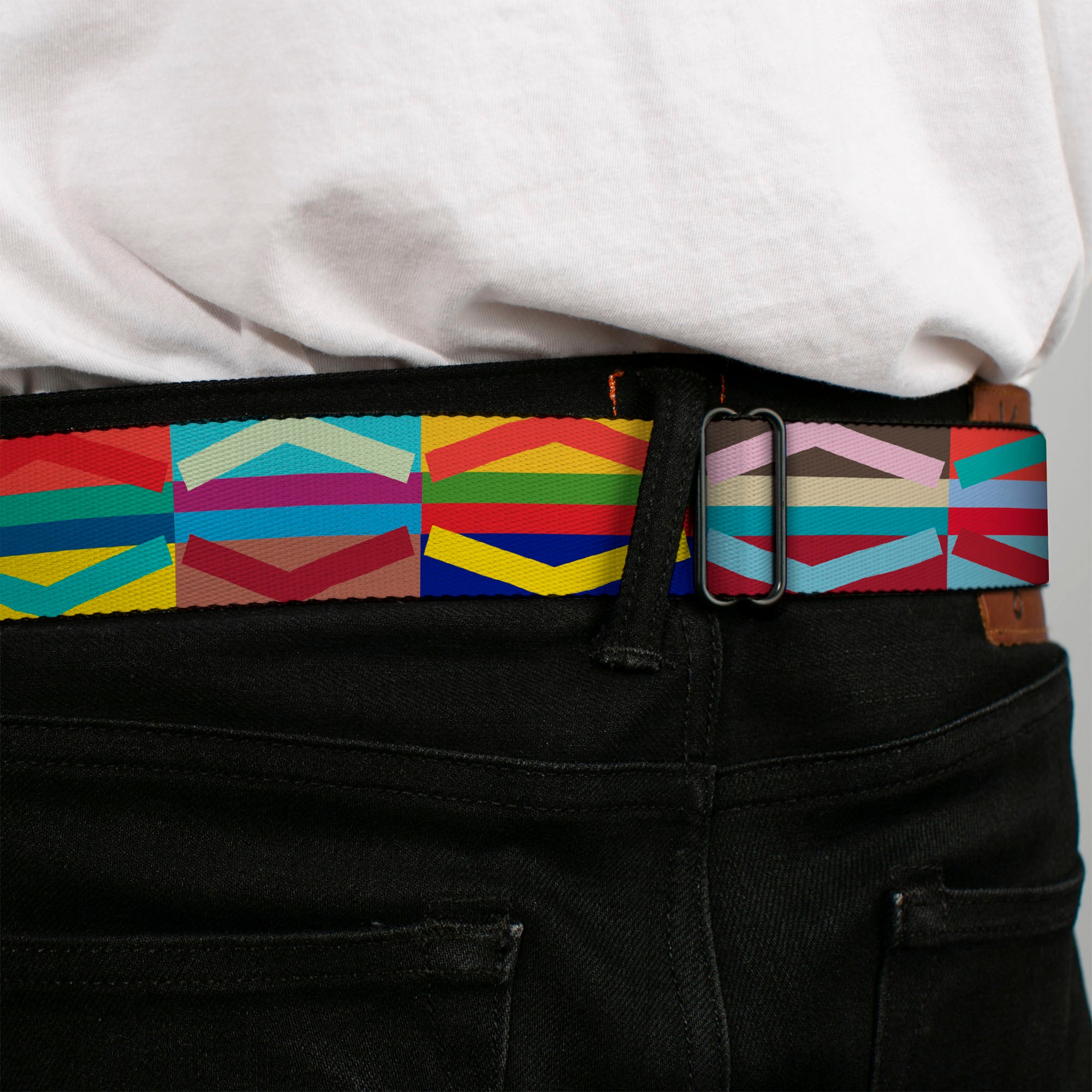 BD Wings Logo CLOSE-UP Full Color Black Silver Seatbelt Belt - Geometric10 Multi Color Webbing Seatbelt Belts Buckle-Down