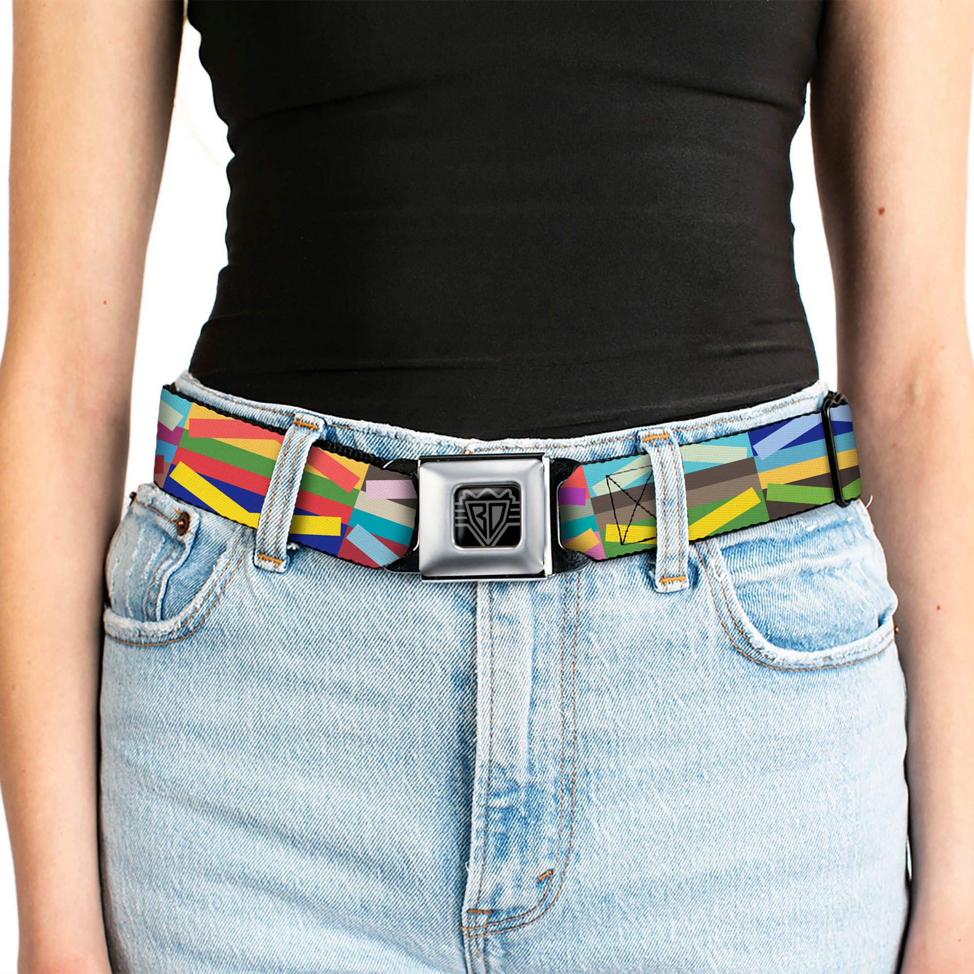 BD Wings Logo CLOSE-UP Full Color Black Silver Seatbelt Belt - Geometric10 Multi Color Webbing Seatbelt Belts Buckle-Down
