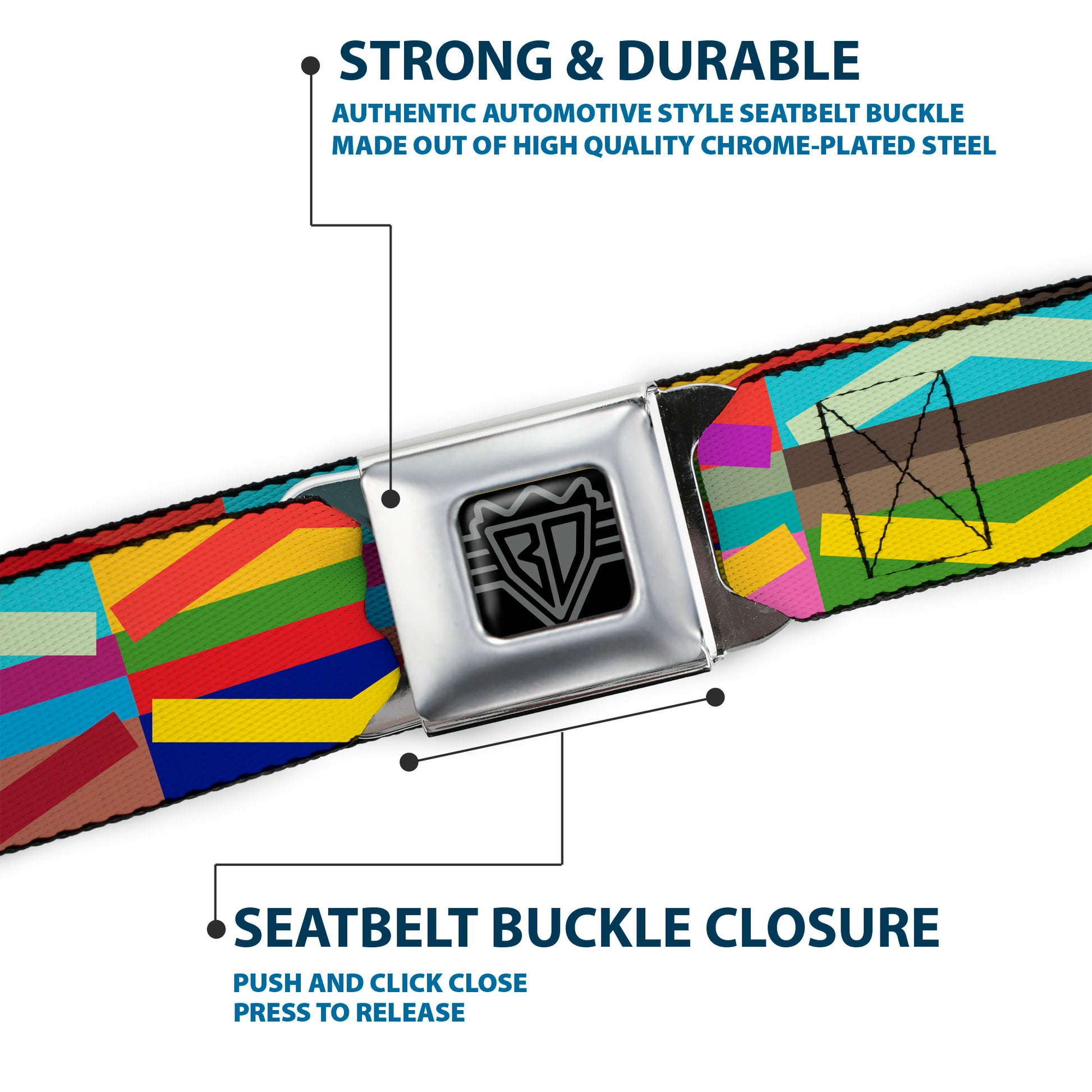 BD Wings Logo CLOSE-UP Full Color Black Silver Seatbelt Belt - Geometric10 Multi Color Webbing Seatbelt Belts Buckle-Down