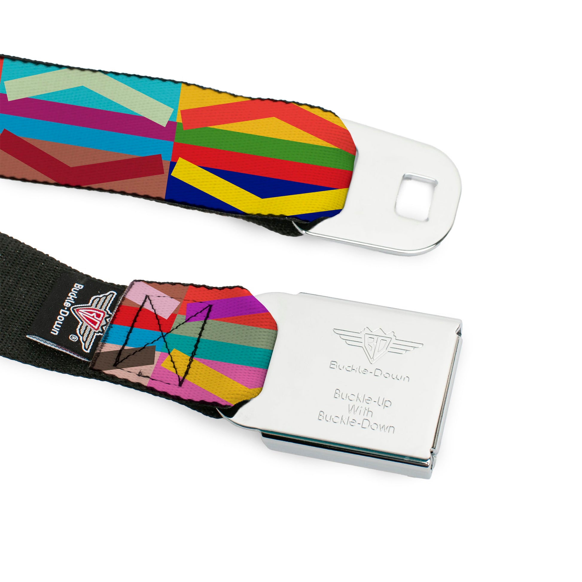 BD Wings Logo CLOSE-UP Full Color Black Silver Seatbelt Belt - Geometric10 Multi Color Webbing Seatbelt Belts Buckle-Down