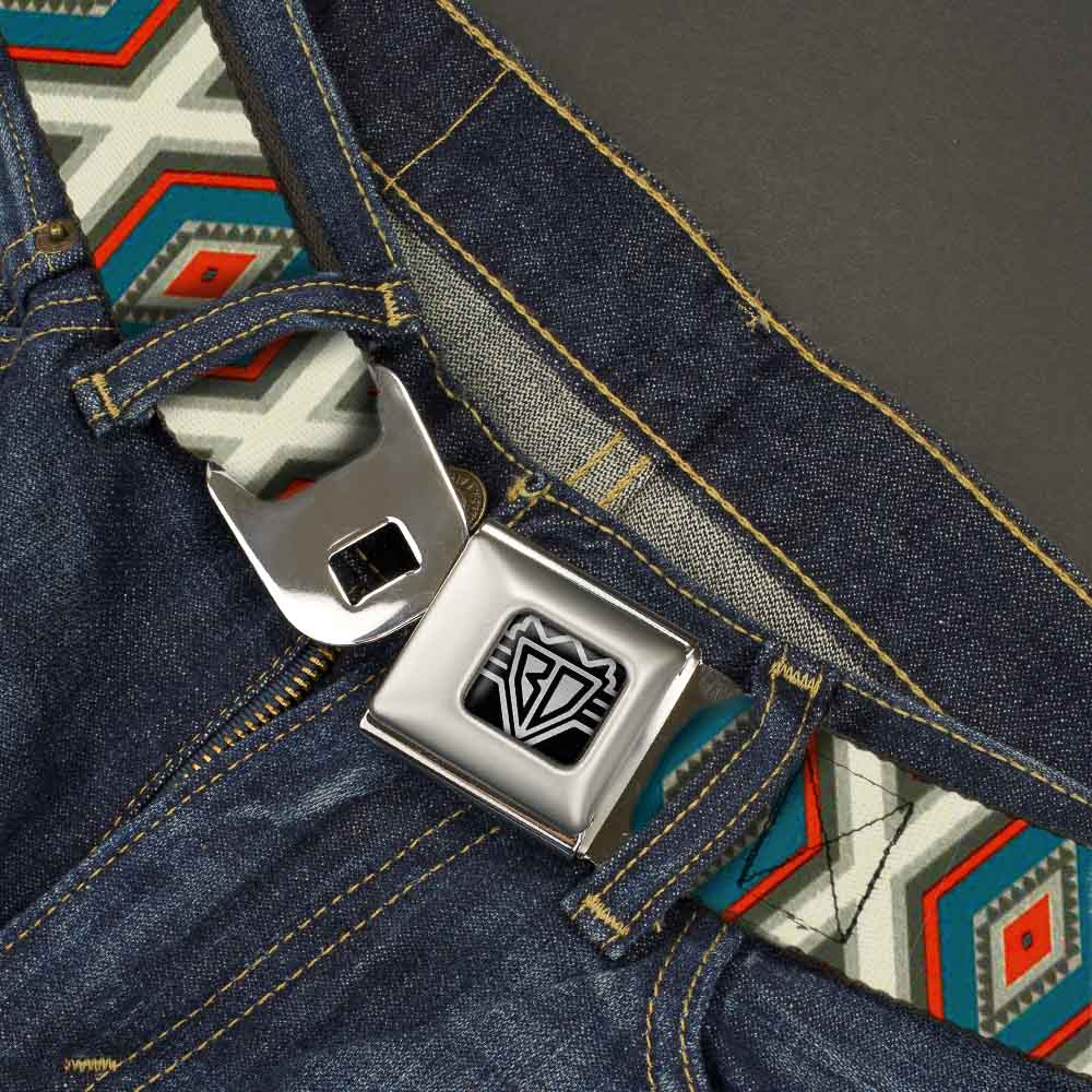 BD Wings Logo CLOSE-UP Full Color Black Silver Seatbelt Belt - Geometric Diamonds Grays/Red/Turquoise Webbing Seatbelt Belts Buckle-Down