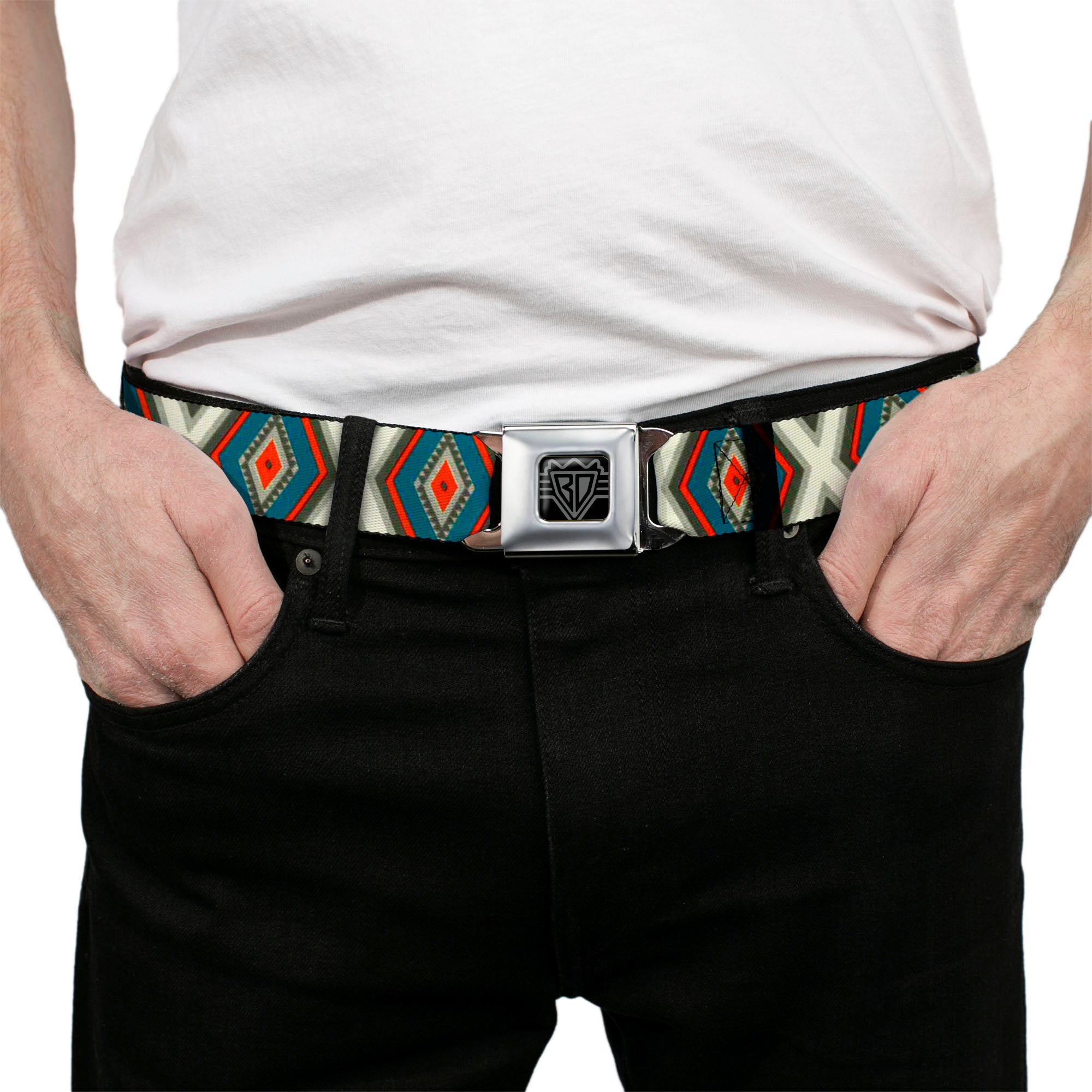 BD Wings Logo CLOSE-UP Full Color Black Silver Seatbelt Belt - Geometric Diamonds Grays/Red/Turquoise Webbing Seatbelt Belts Buckle-Down