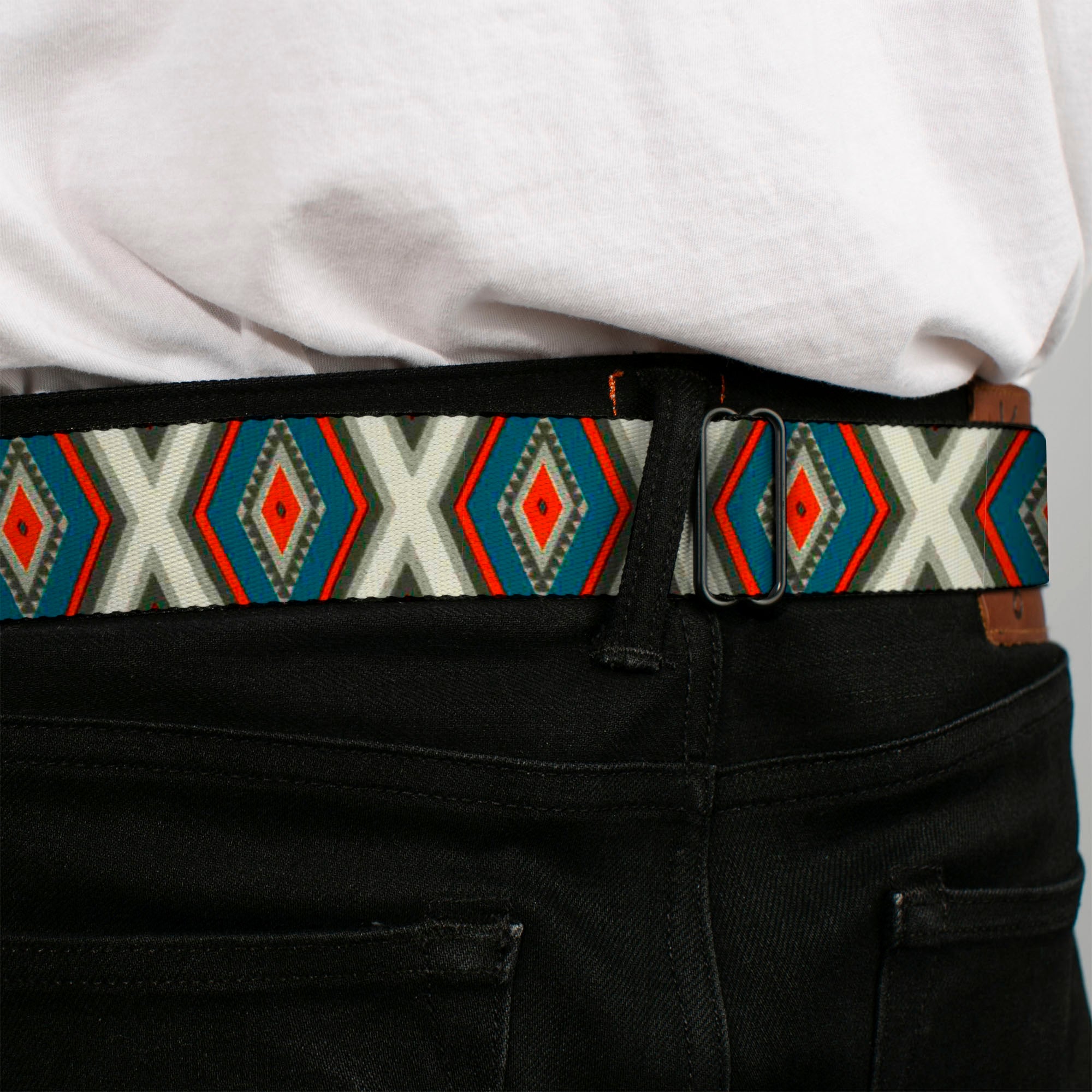 BD Wings Logo CLOSE-UP Full Color Black Silver Seatbelt Belt - Geometric Diamonds Grays/Red/Turquoise Webbing Seatbelt Belts Buckle-Down