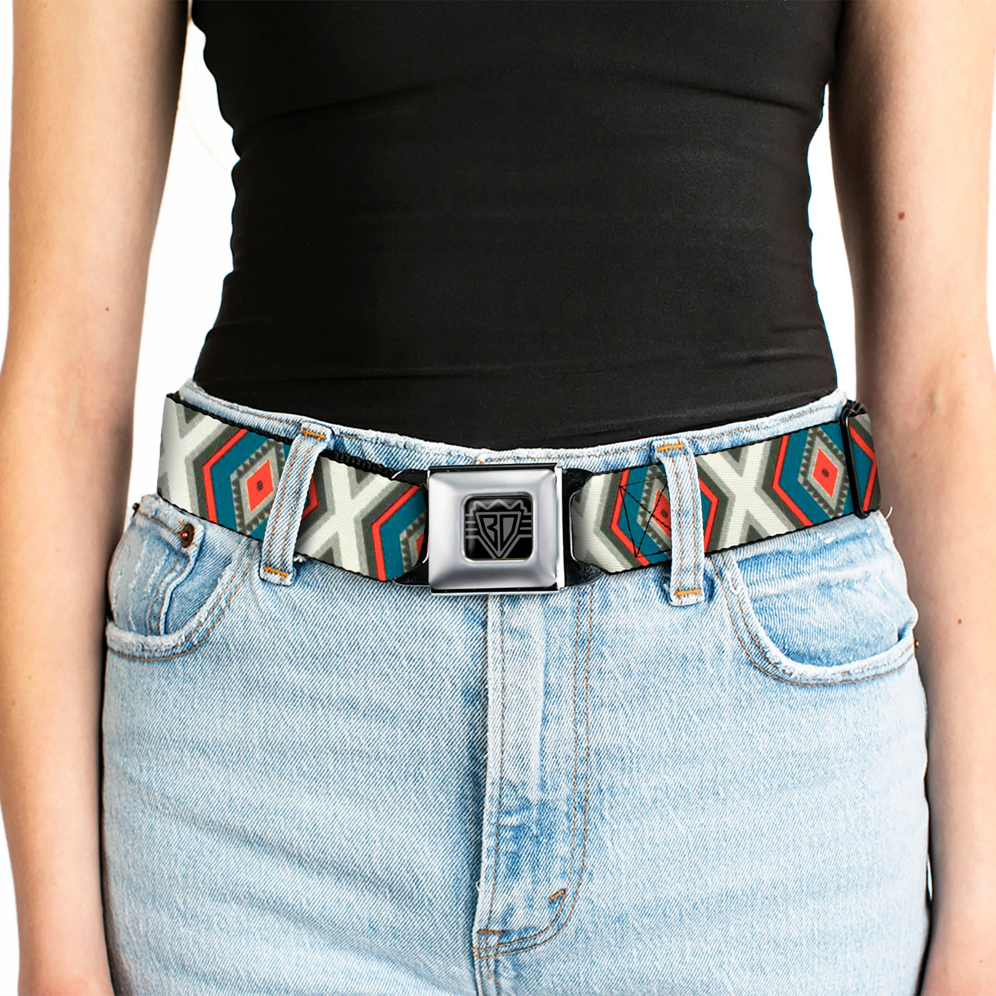 BD Wings Logo CLOSE-UP Full Color Black Silver Seatbelt Belt - Geometric Diamonds Grays/Red/Turquoise Webbing Seatbelt Belts Buckle-Down