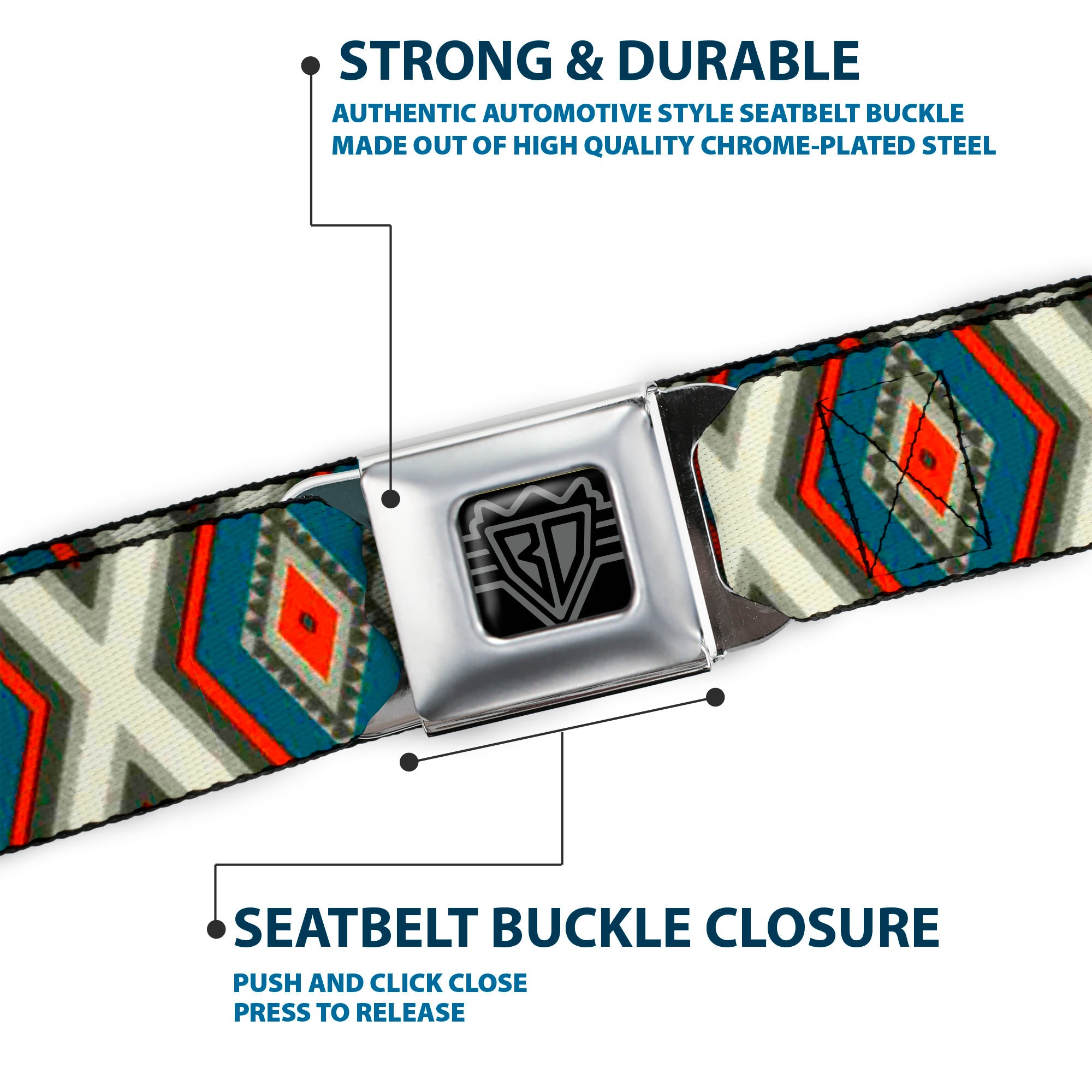 BD Wings Logo CLOSE-UP Full Color Black Silver Seatbelt Belt - Geometric Diamonds Grays/Red/Turquoise Webbing Seatbelt Belts Buckle-Down