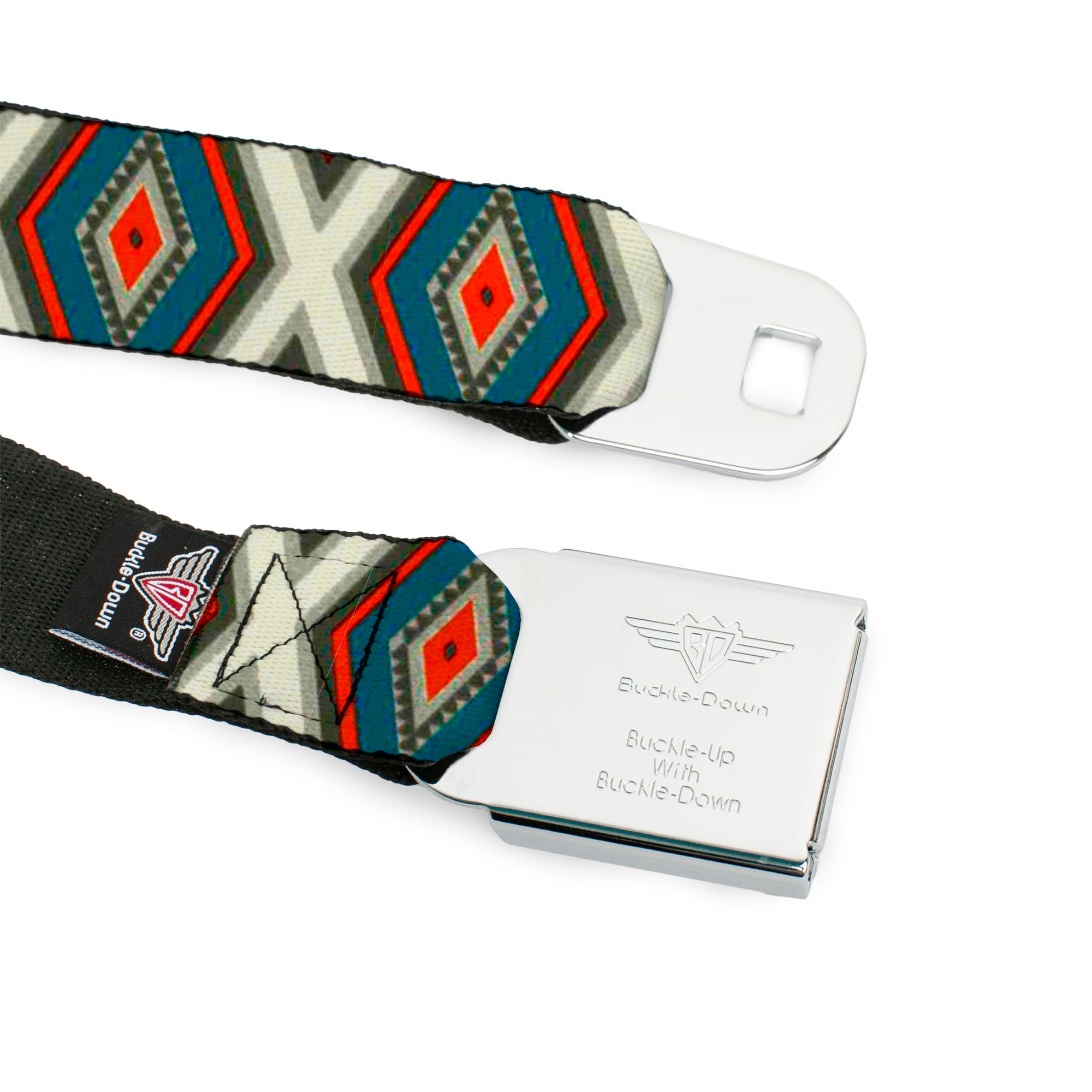 BD Wings Logo CLOSE-UP Full Color Black Silver Seatbelt Belt - Geometric Diamonds Grays/Red/Turquoise Webbing Seatbelt Belts Buckle-Down