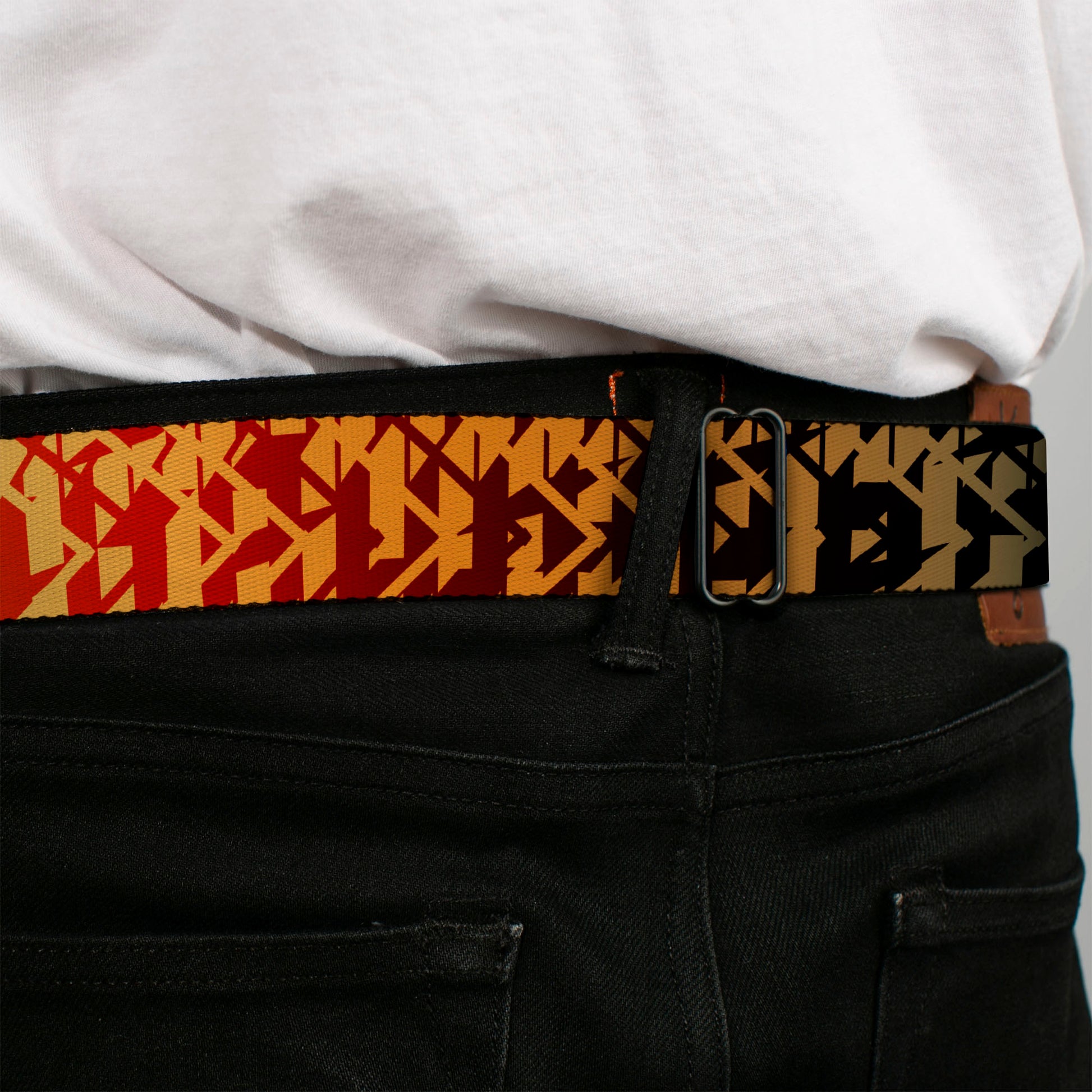 BD Wings Logo CLOSE-UP Full Color Black Silver Seatbelt Belt - Geometric Transition Blues/Reds/Orange/Yellows Webbing Seatbelt Belts Buckle-Down