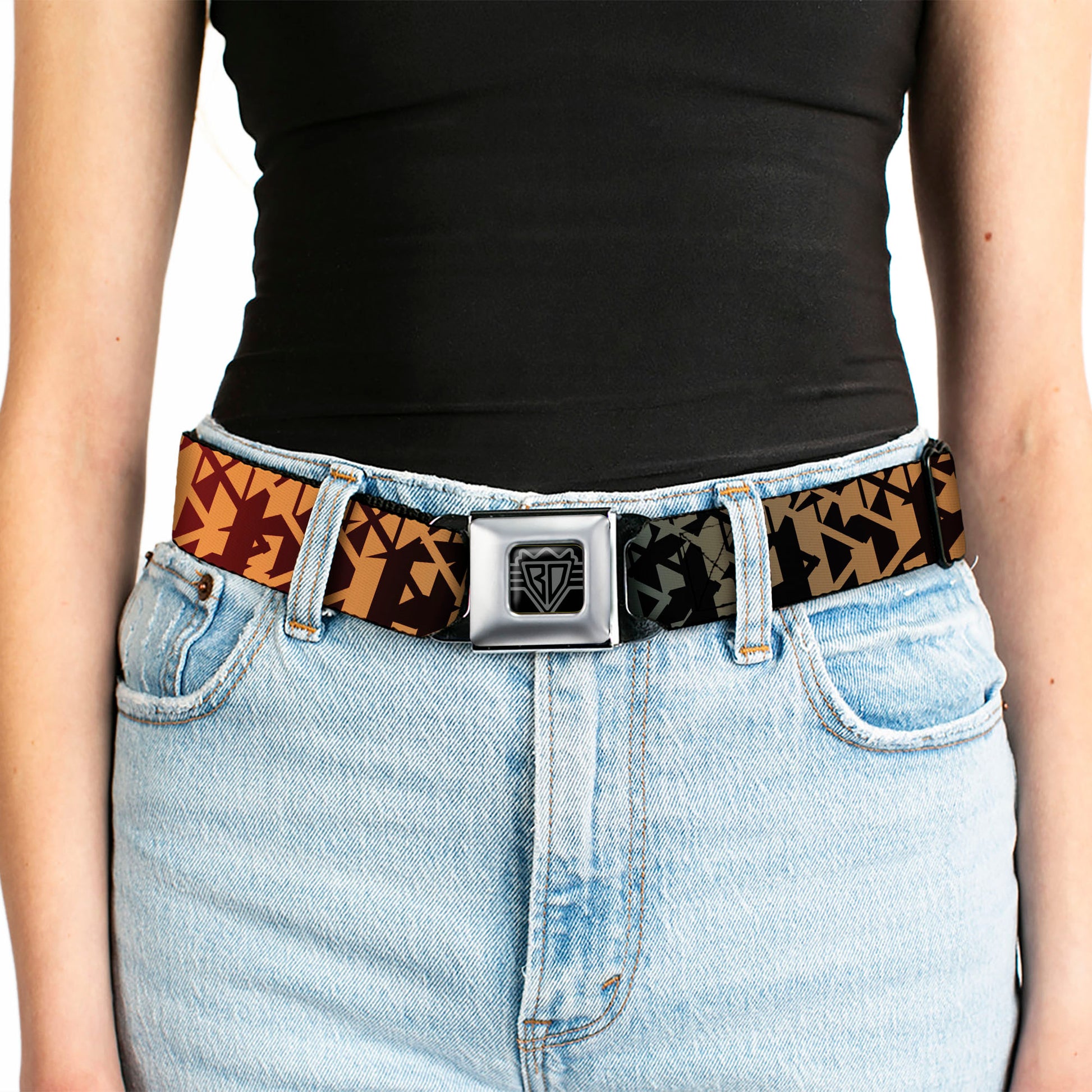 BD Wings Logo CLOSE-UP Full Color Black Silver Seatbelt Belt - Geometric Transition Blues/Reds/Orange/Yellows Webbing Seatbelt Belts Buckle-Down