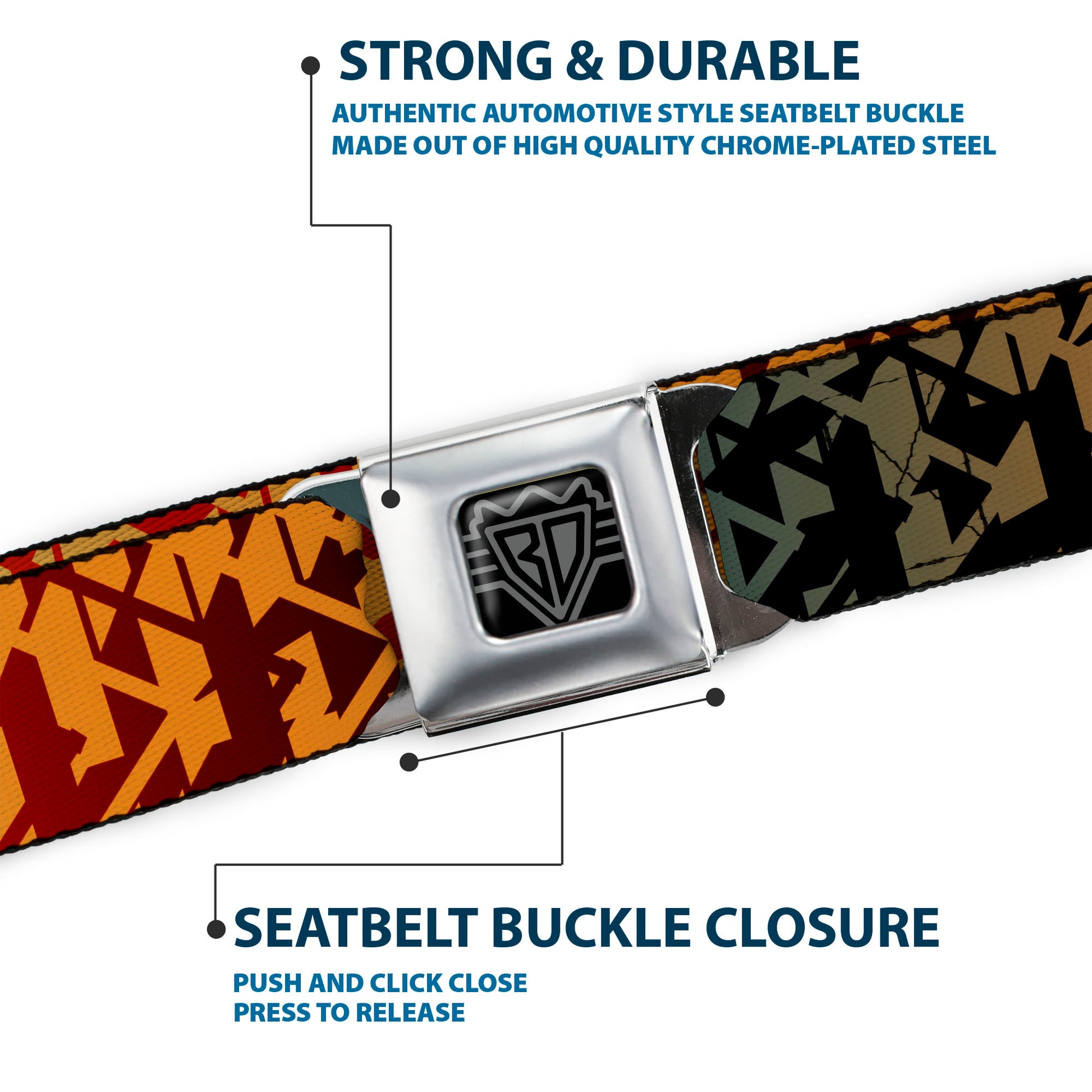 BD Wings Logo CLOSE-UP Full Color Black Silver Seatbelt Belt - Geometric Transition Blues/Reds/Orange/Yellows Webbing Seatbelt Belts Buckle-Down