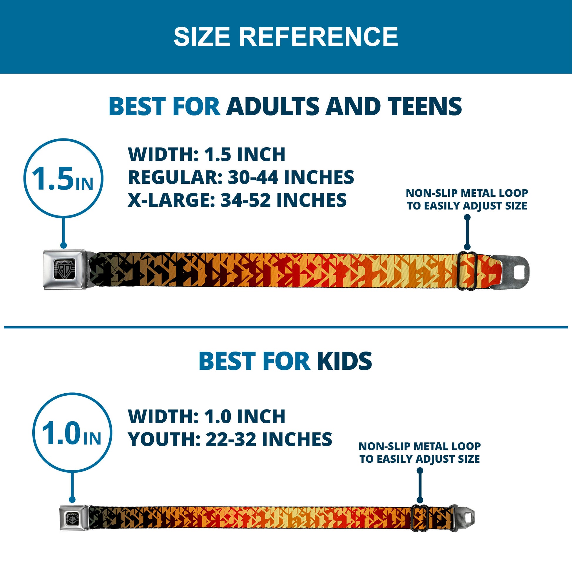 BD Wings Logo CLOSE-UP Full Color Black Silver Seatbelt Belt - Geometric Transition Blues/Reds/Orange/Yellows Webbing Seatbelt Belts Buckle-Down