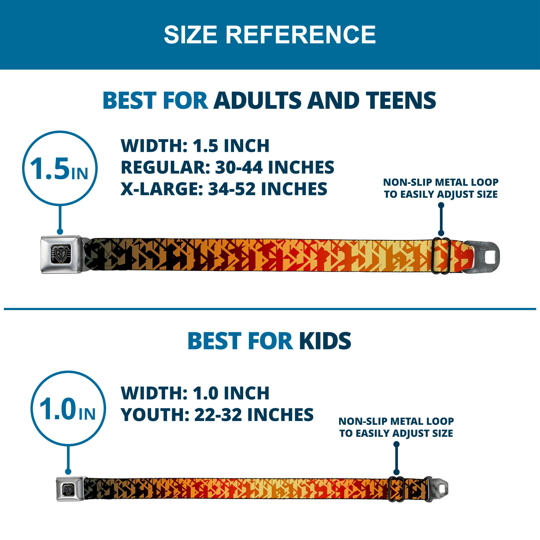 BD Wings Logo CLOSE-UP Full Color Black Silver Seatbelt Belt - Geometric Transition Blues/Reds/Orange/Yellows Webbing Seatbelt Belts Buckle-Down