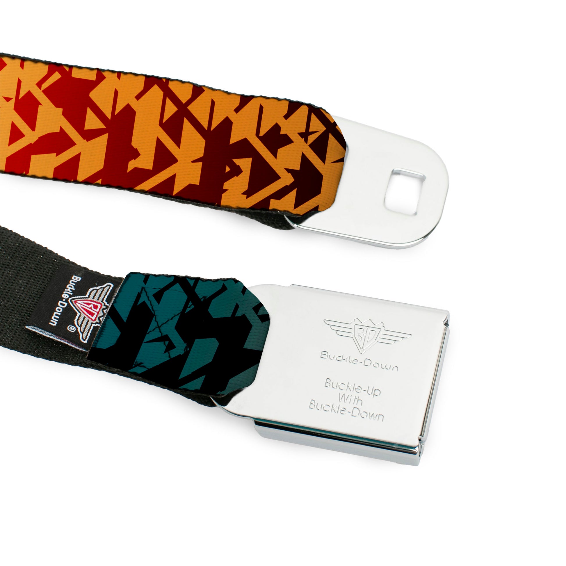 BD Wings Logo CLOSE-UP Full Color Black Silver Seatbelt Belt - Geometric Transition Blues/Reds/Orange/Yellows Webbing Seatbelt Belts Buckle-Down