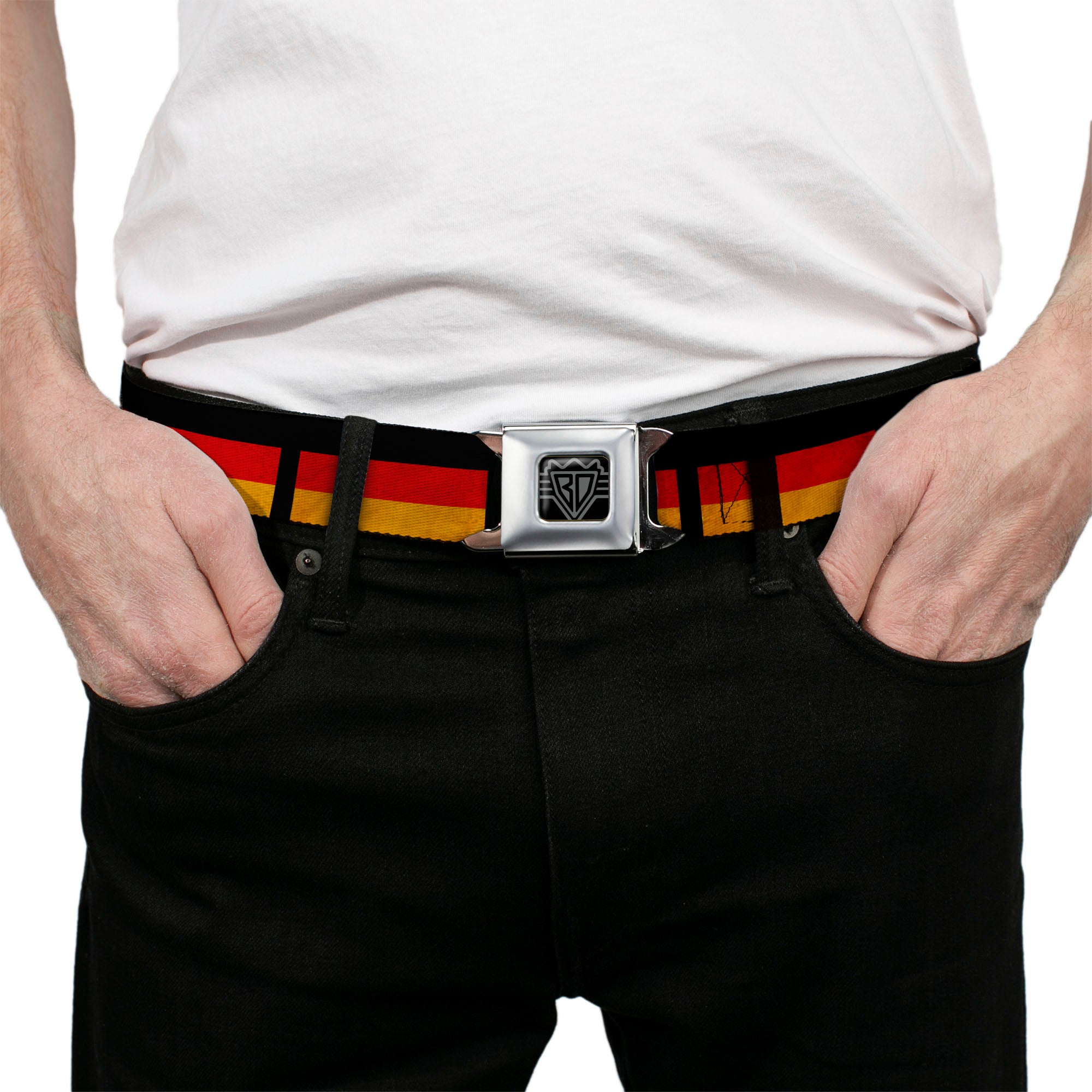 BD Wings Logo CLOSE-UP Full Color Black Silver Seatbelt Belt - German Flag Distressed Webbing Seatbelt Belts Buckle-Down