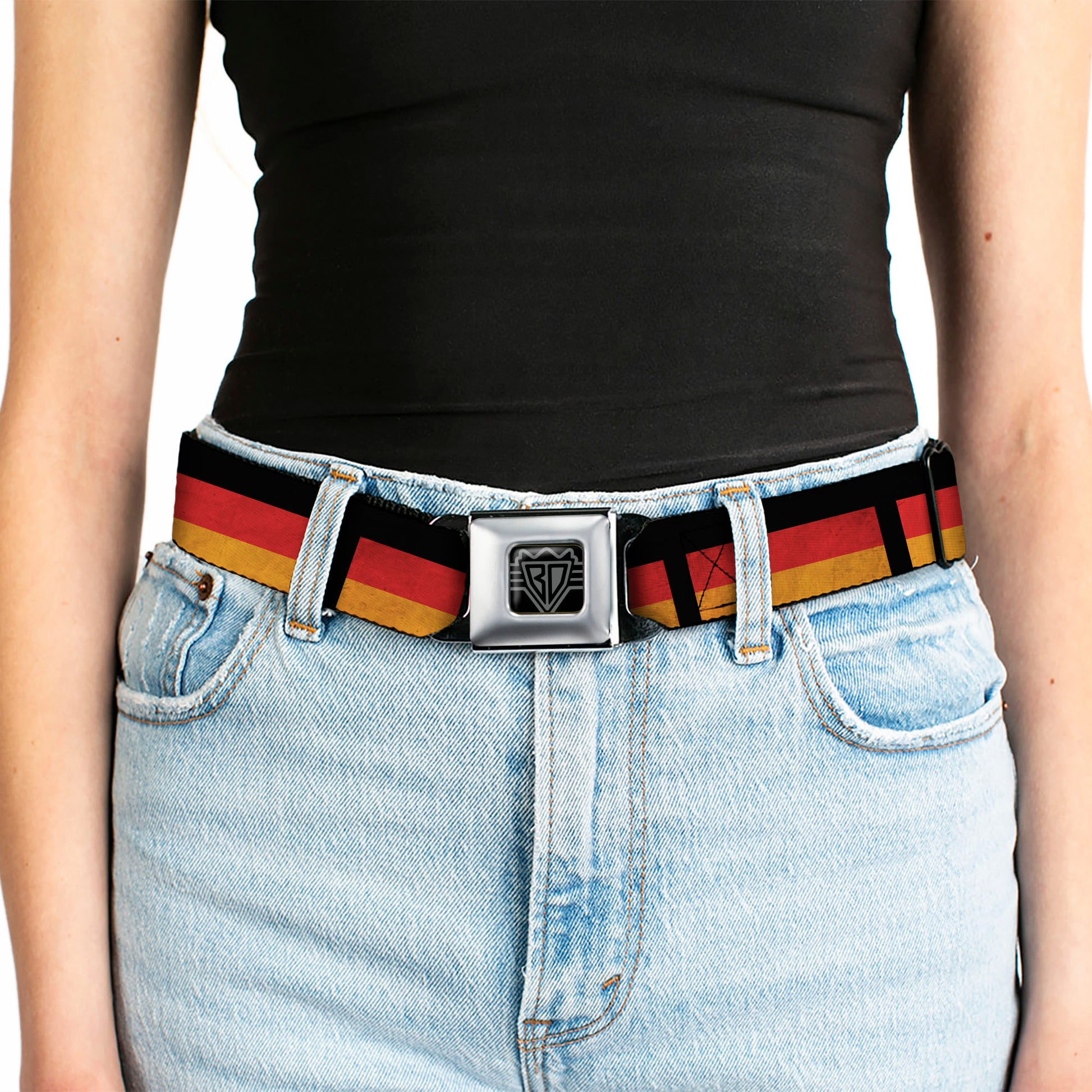 BD Wings Logo CLOSE-UP Full Color Black Silver Seatbelt Belt - German Flag Distressed Webbing Seatbelt Belts Buckle-Down