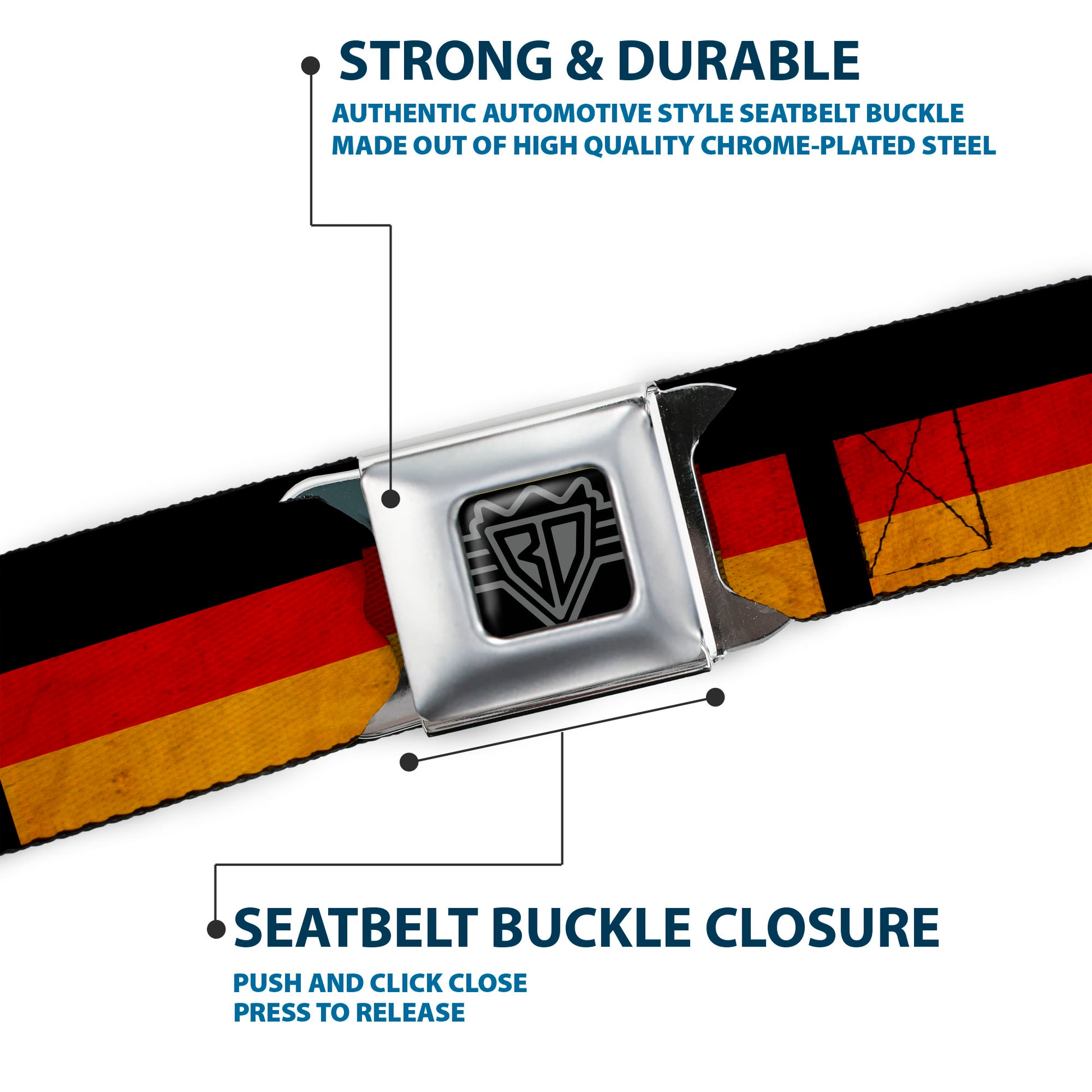 BD Wings Logo CLOSE-UP Full Color Black Silver Seatbelt Belt - German Flag Distressed Webbing Seatbelt Belts Buckle-Down