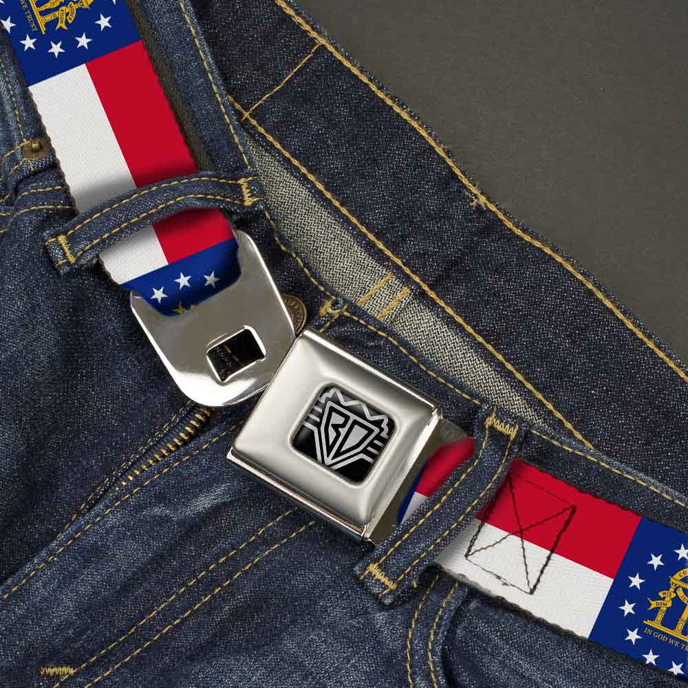 BD Wings Logo CLOSE-UP Full Color Black Silver Seatbelt Belt - Georgia Flag Webbing Seatbelt Belts Buckle-Down