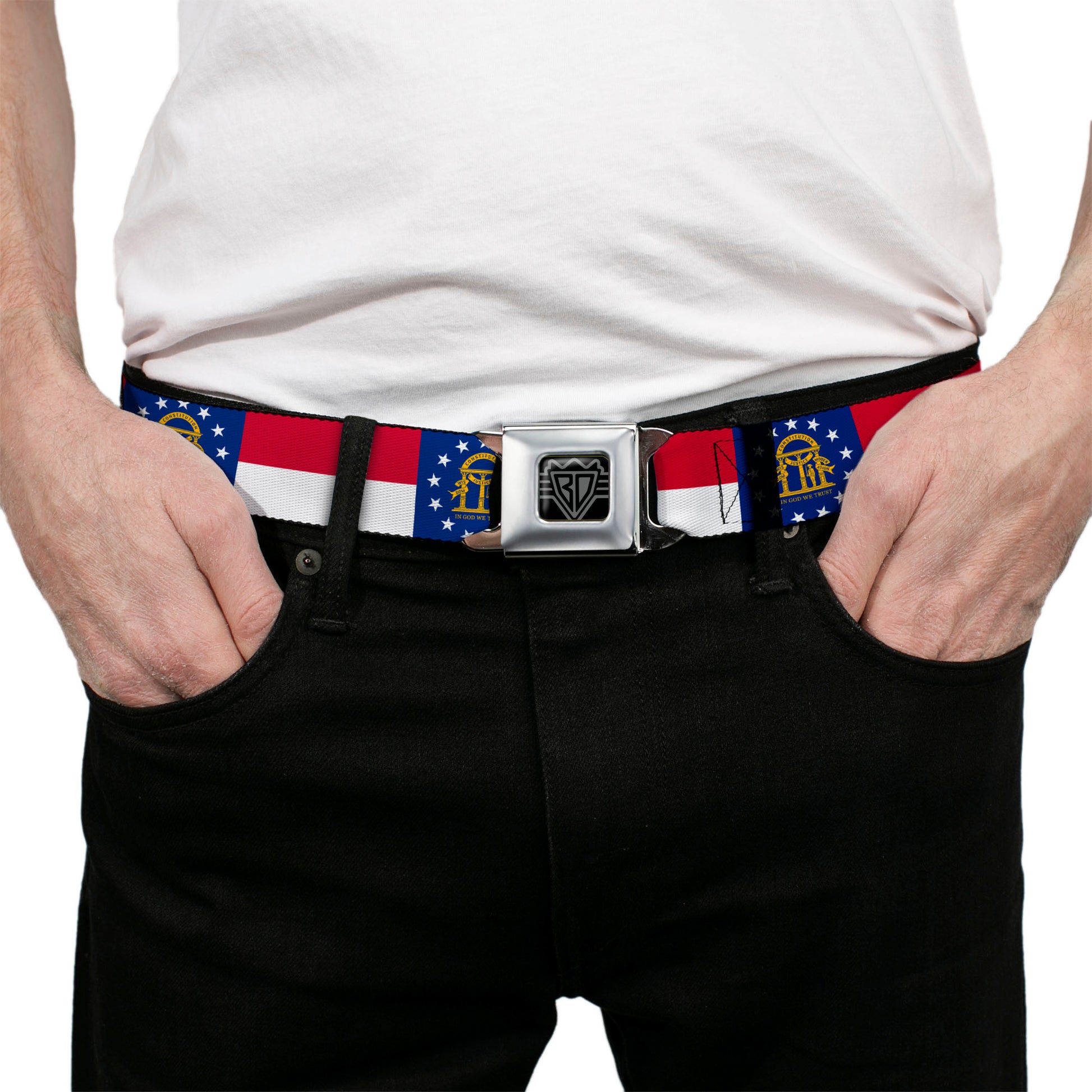 BD Wings Logo CLOSE-UP Full Color Black Silver Seatbelt Belt - Georgia Flag Webbing Seatbelt Belts Buckle-Down