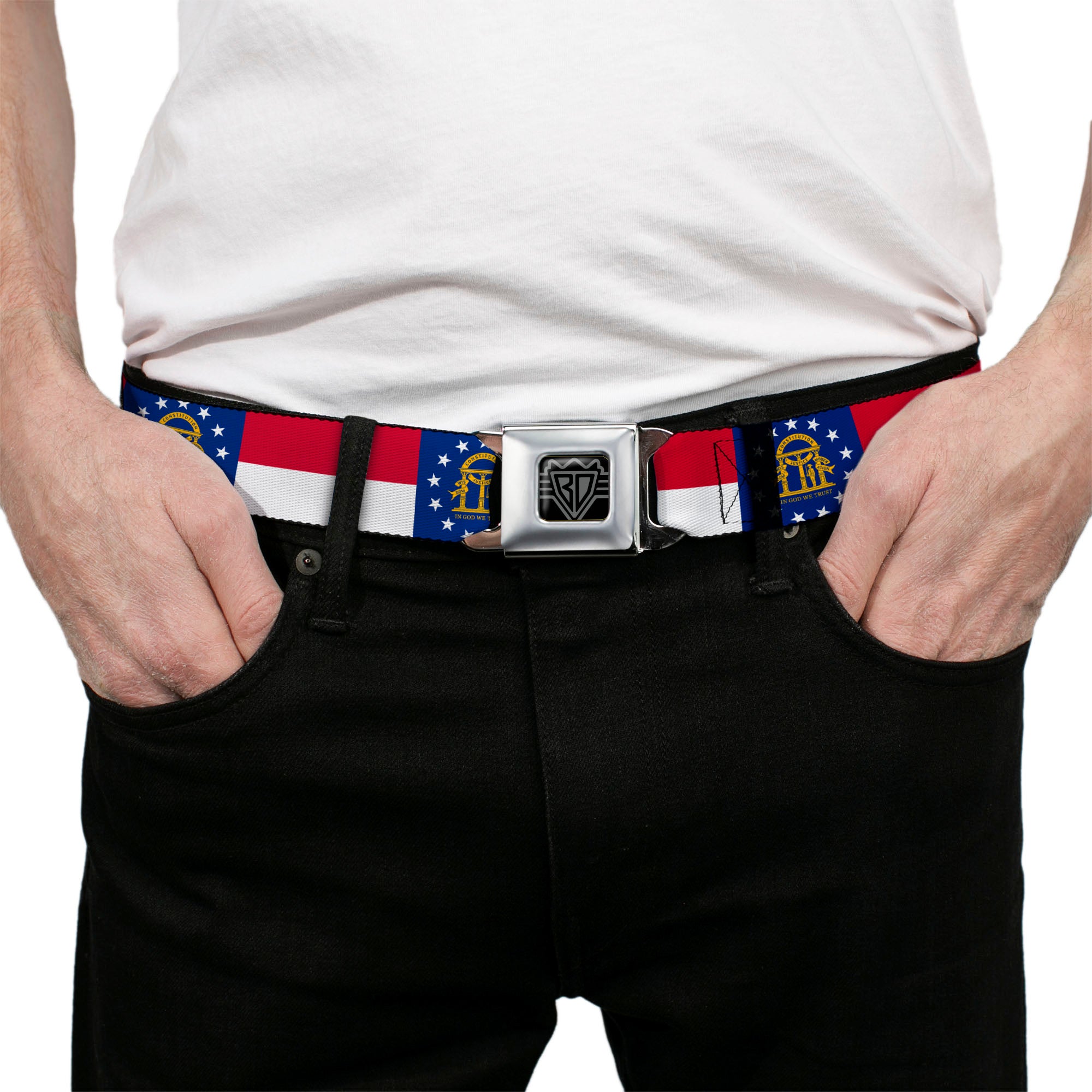 BD Wings Logo CLOSE-UP Full Color Black Silver Seatbelt Belt - Georgia Flag Webbing Seatbelt Belts Buckle-Down