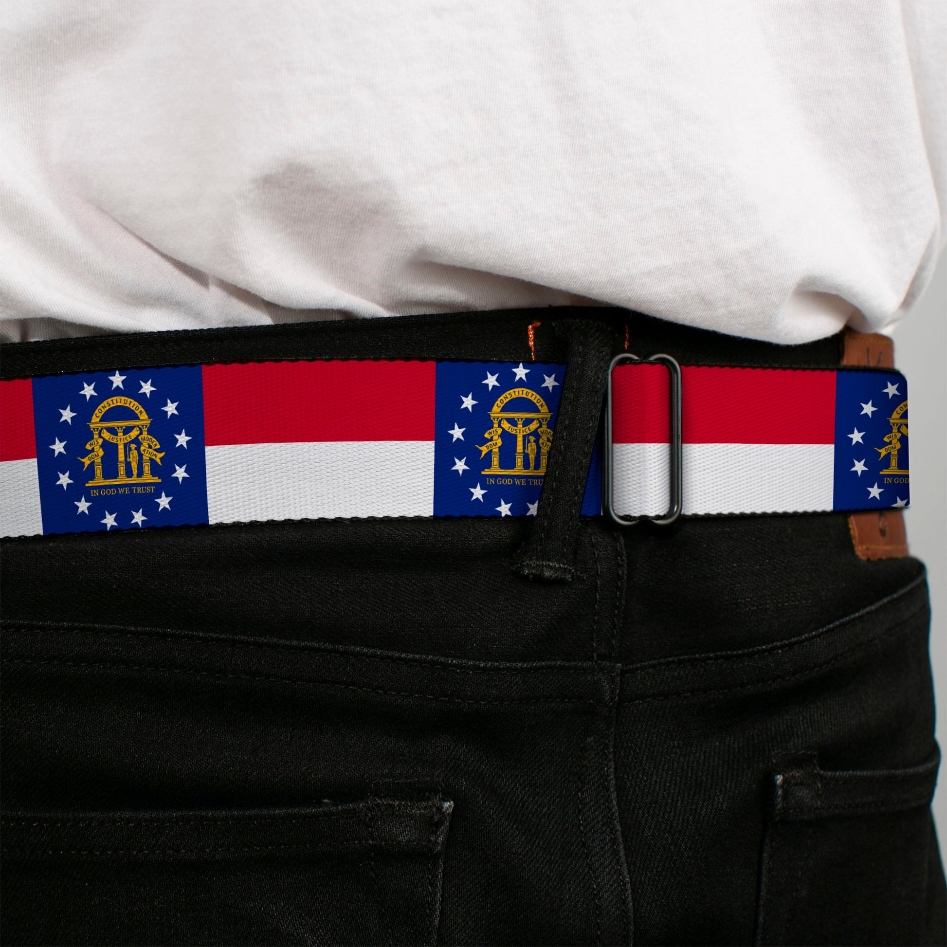 BD Wings Logo CLOSE-UP Full Color Black Silver Seatbelt Belt - Georgia Flag Webbing Seatbelt Belts Buckle-Down