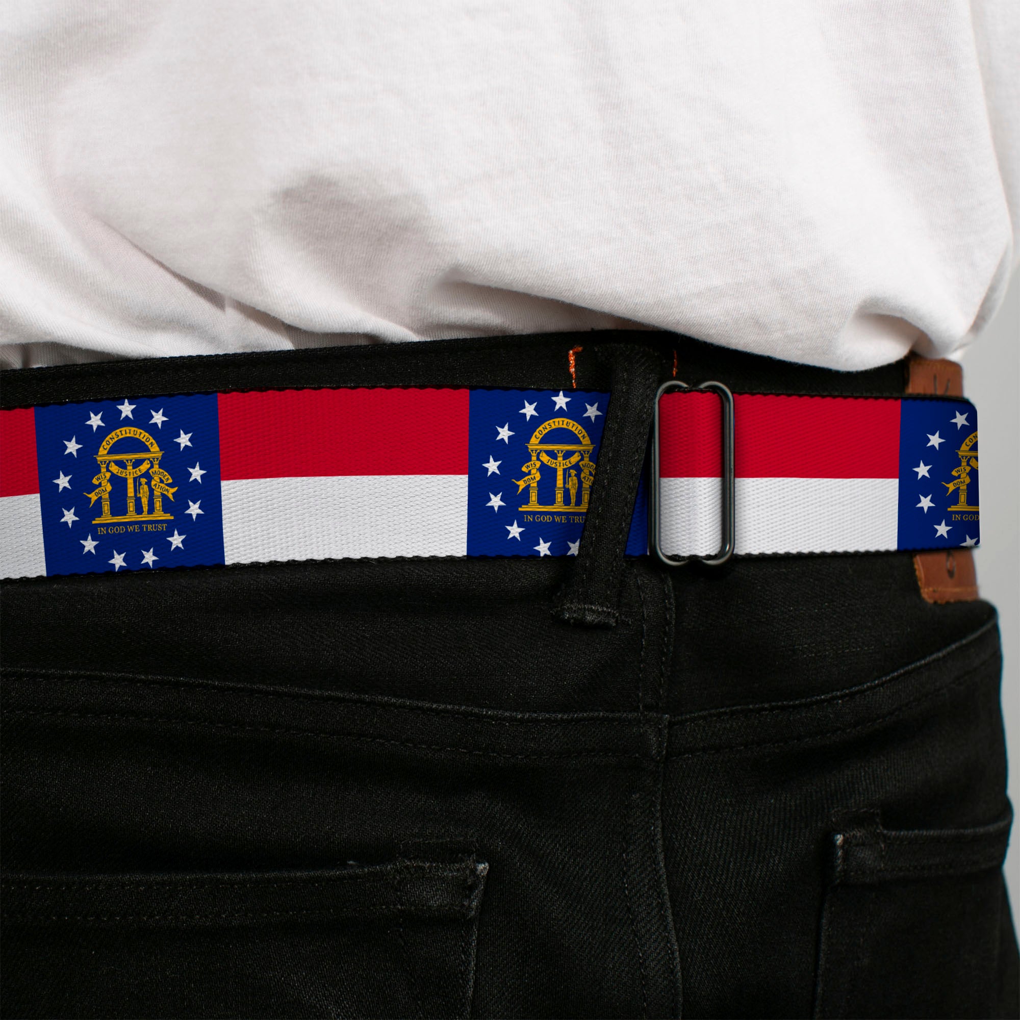 BD Wings Logo CLOSE-UP Full Color Black Silver Seatbelt Belt - Georgia Flag Webbing Seatbelt Belts Buckle-Down