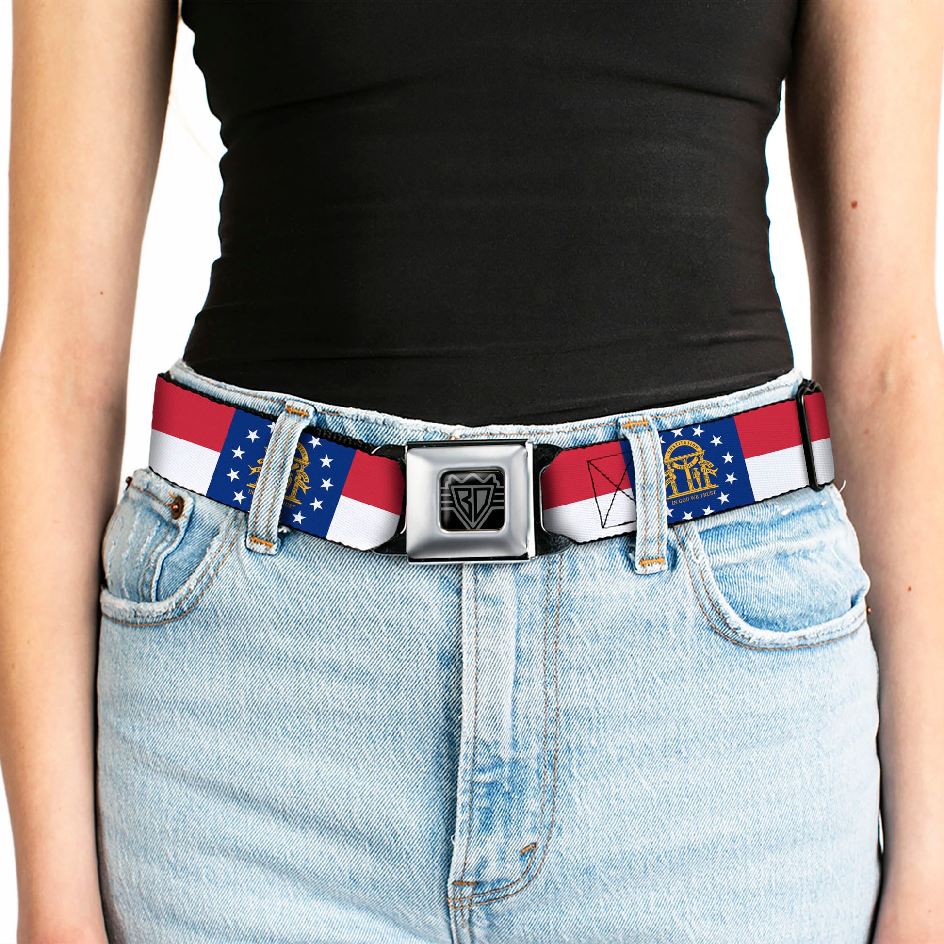 BD Wings Logo CLOSE-UP Full Color Black Silver Seatbelt Belt - Georgia Flag Webbing Seatbelt Belts Buckle-Down