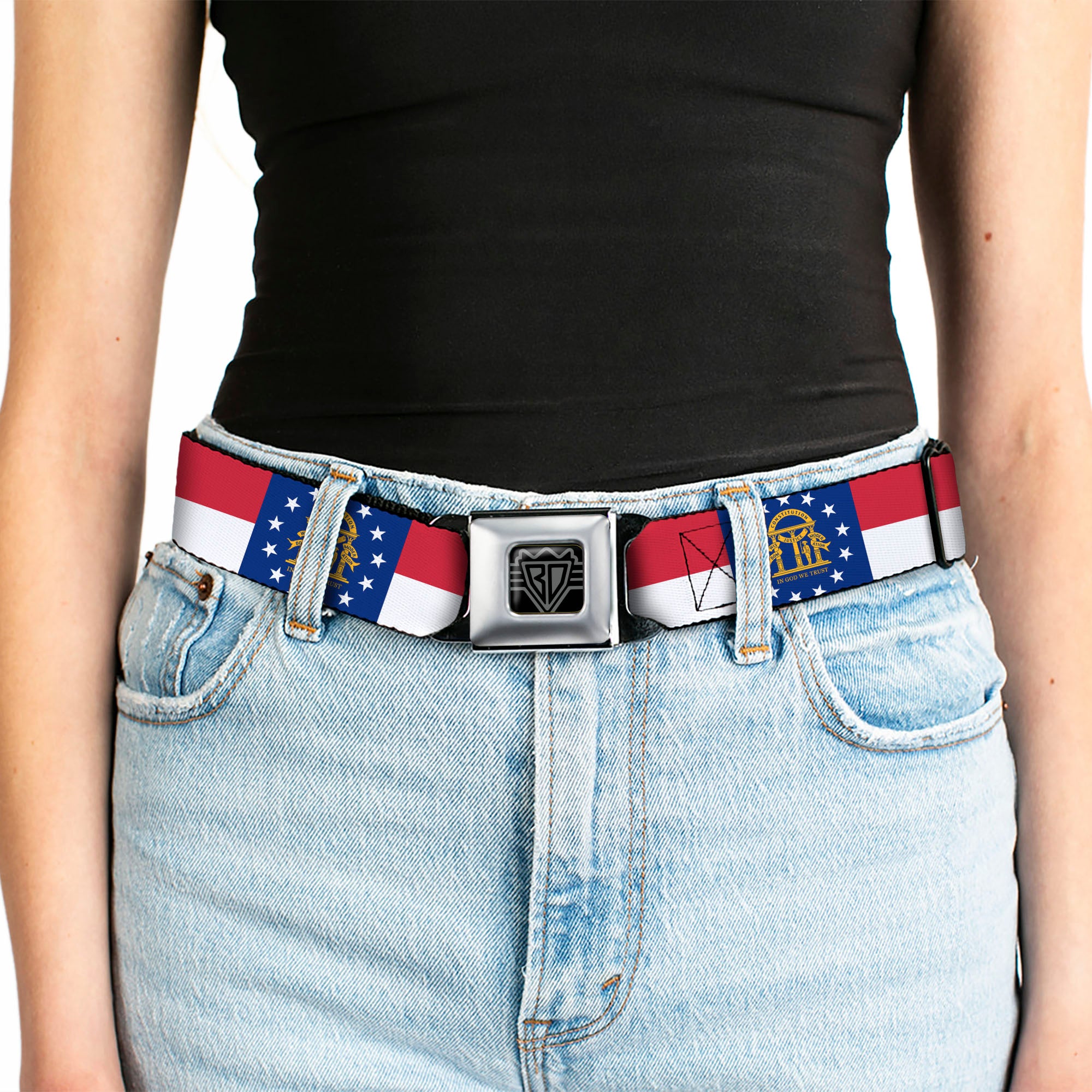 BD Wings Logo CLOSE-UP Full Color Black Silver Seatbelt Belt - Georgia Flag Webbing Seatbelt Belts Buckle-Down