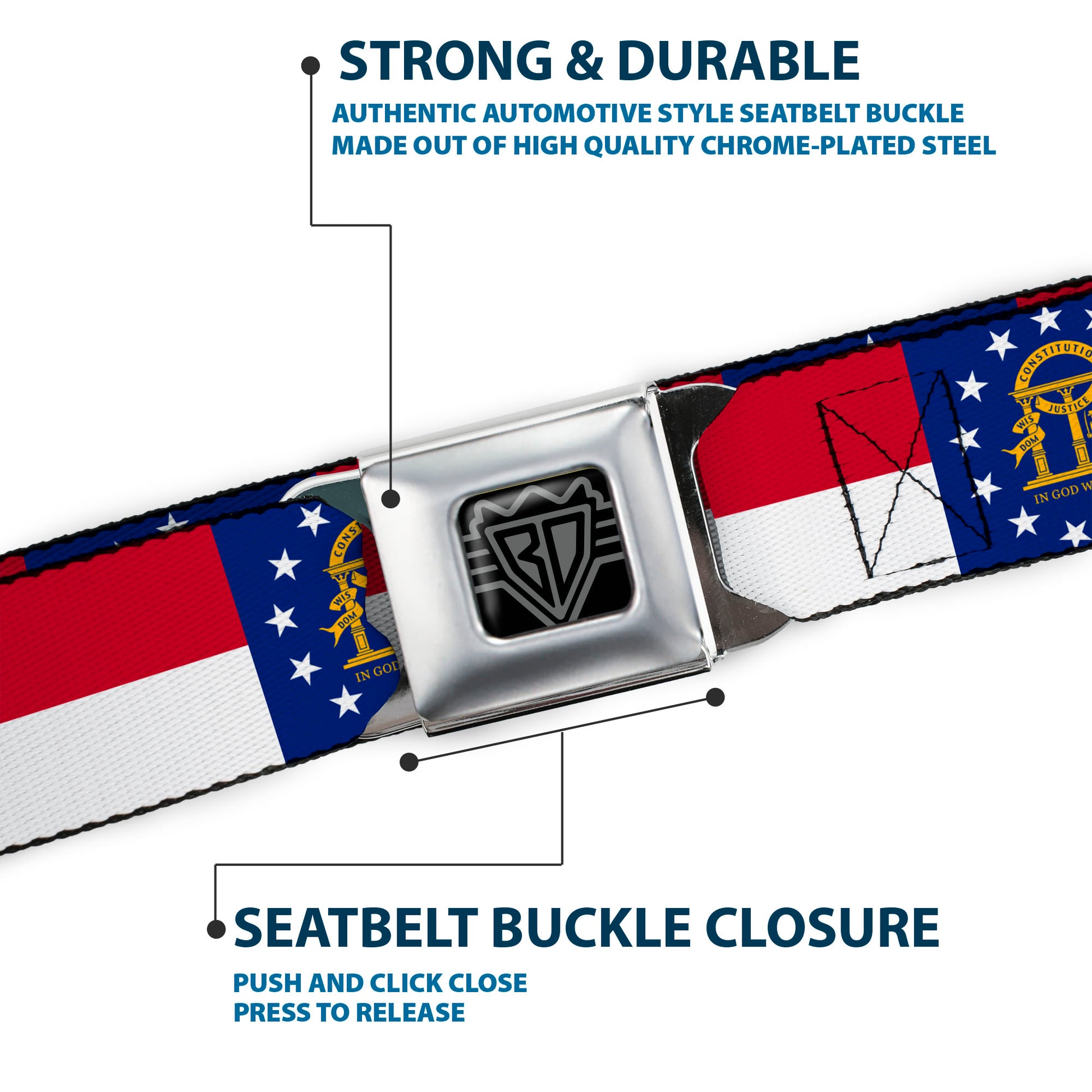 BD Wings Logo CLOSE-UP Full Color Black Silver Seatbelt Belt - Georgia Flag Webbing Seatbelt Belts Buckle-Down