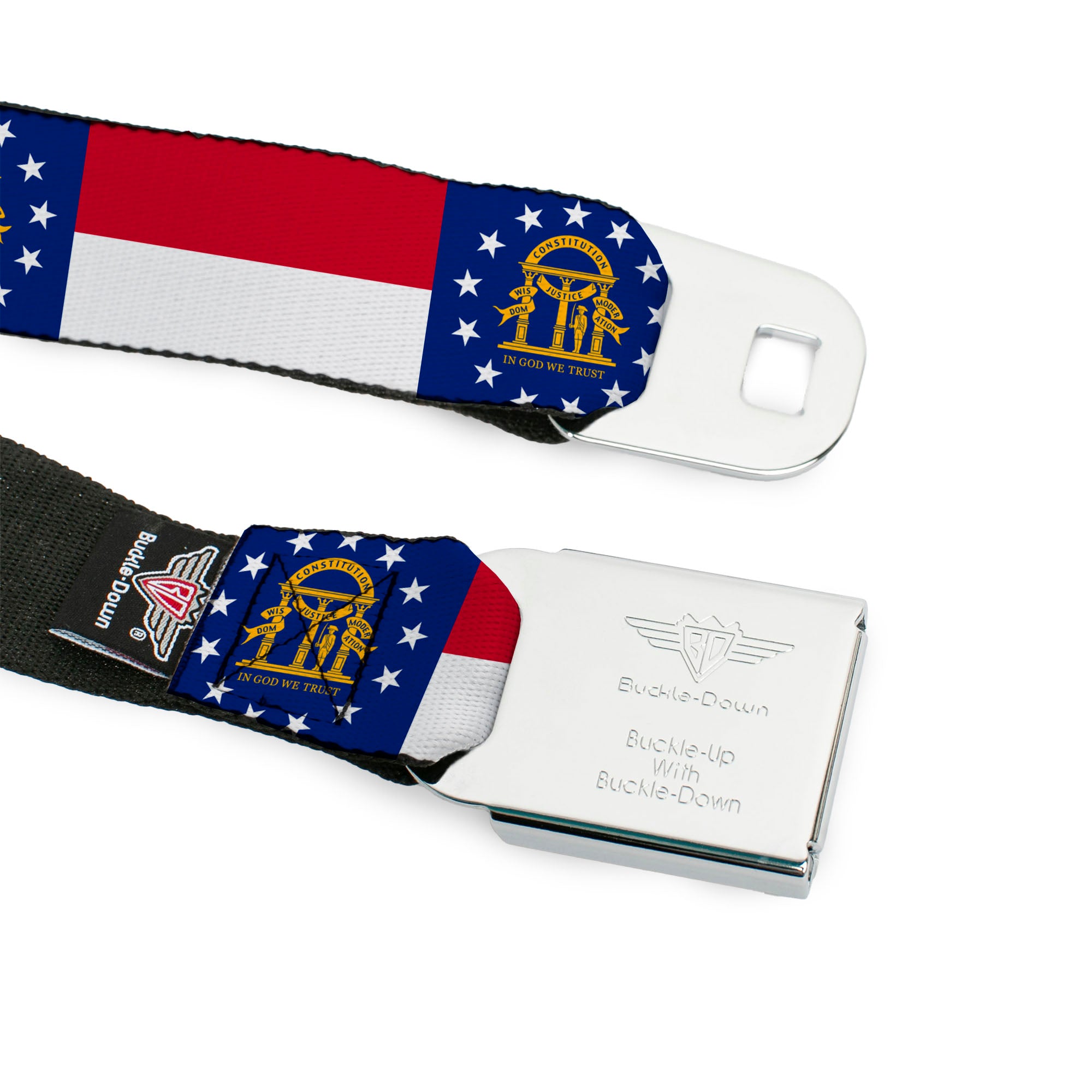 BD Wings Logo CLOSE-UP Full Color Black Silver Seatbelt Belt - Georgia Flag Webbing Seatbelt Belts Buckle-Down