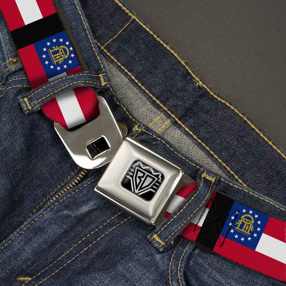 BD Wings Logo CLOSE-UP Full Color Black Silver Seatbelt Belt - Georgia Flags/Black Webbing Seatbelt Belts Buckle-Down