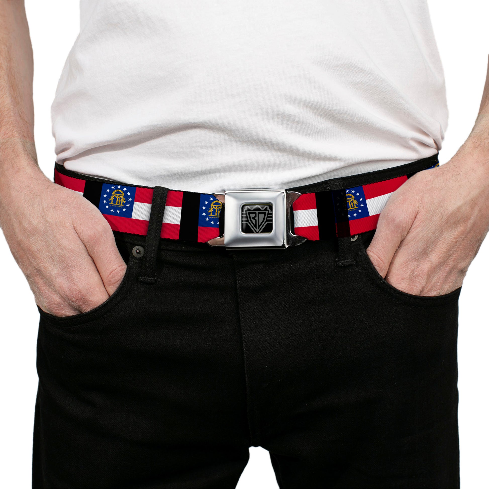 BD Wings Logo CLOSE-UP Full Color Black Silver Seatbelt Belt - Georgia Flags/Black Webbing Seatbelt Belts Buckle-Down