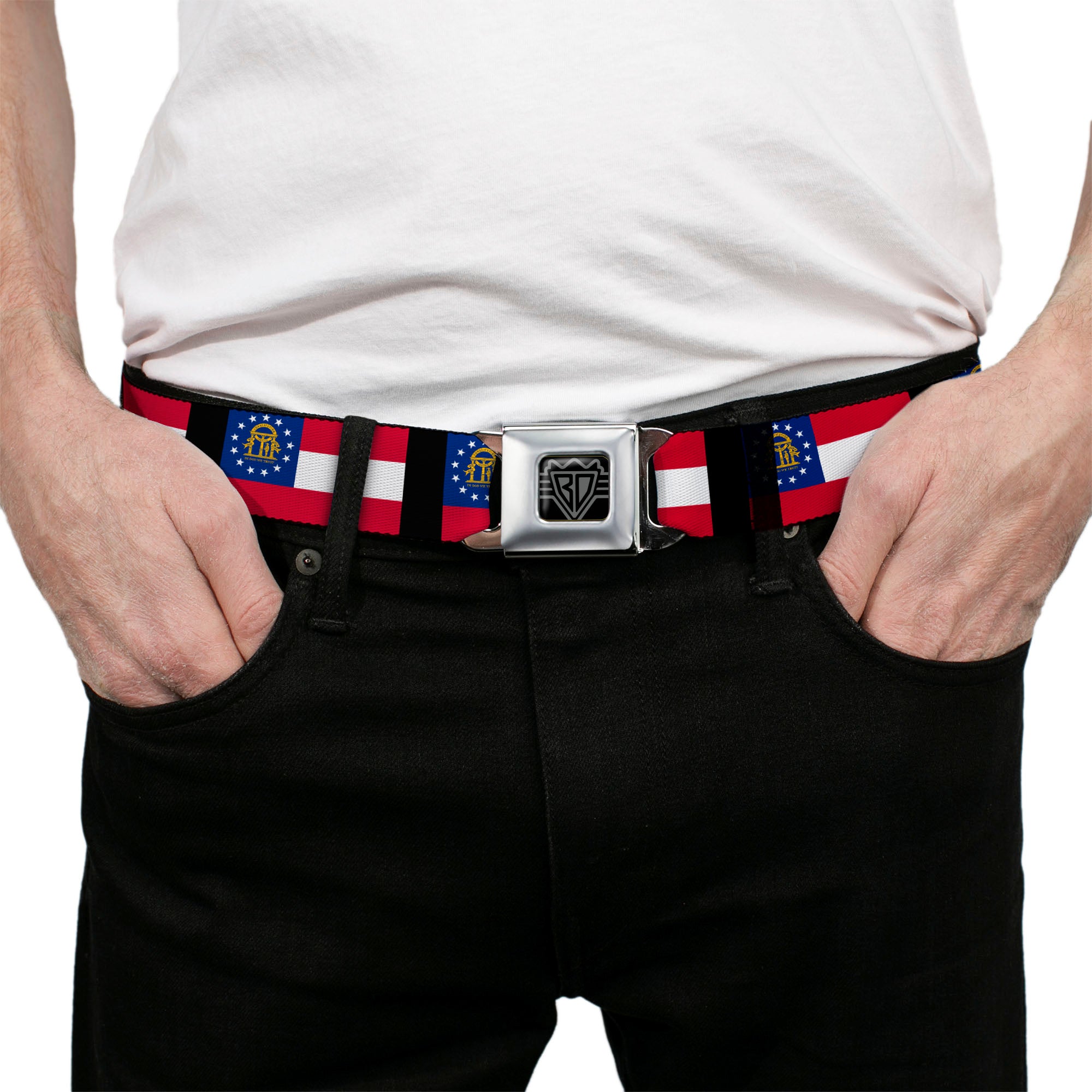 BD Wings Logo CLOSE-UP Full Color Black Silver Seatbelt Belt - Georgia Flags/Black Webbing Seatbelt Belts Buckle-Down