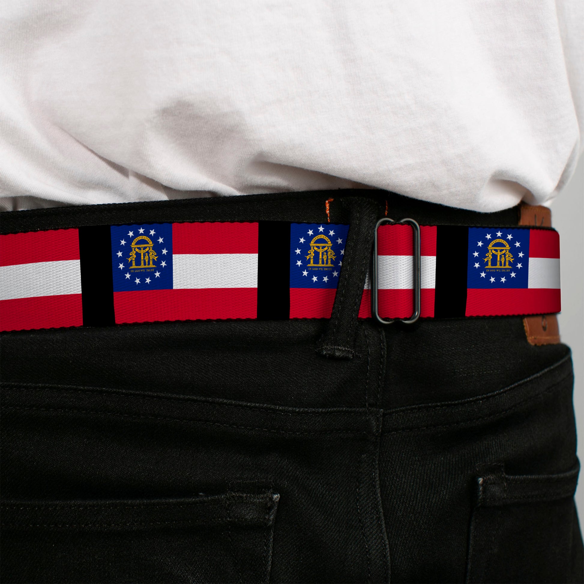 BD Wings Logo CLOSE-UP Full Color Black Silver Seatbelt Belt - Georgia Flags/Black Webbing Seatbelt Belts Buckle-Down