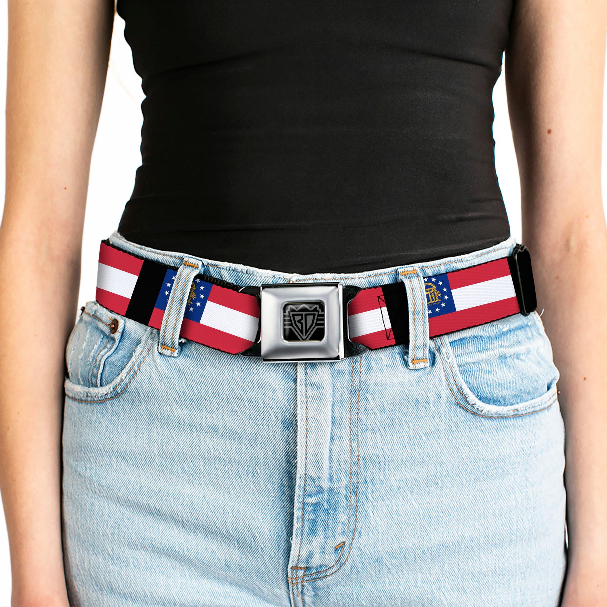 BD Wings Logo CLOSE-UP Full Color Black Silver Seatbelt Belt - Georgia Flags/Black Webbing Seatbelt Belts Buckle-Down