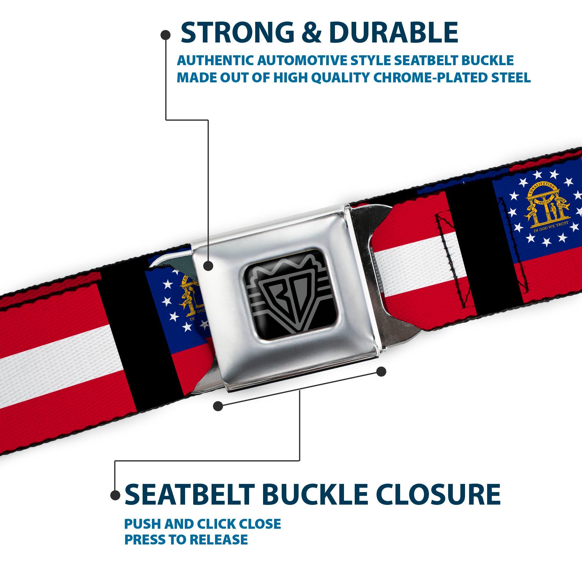 BD Wings Logo CLOSE-UP Full Color Black Silver Seatbelt Belt - Georgia Flags/Black Webbing Seatbelt Belts Buckle-Down