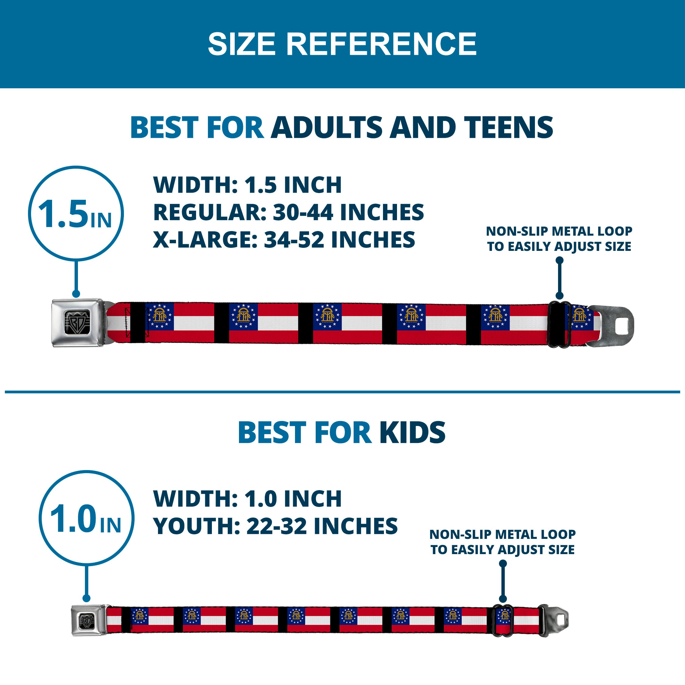 BD Wings Logo CLOSE-UP Full Color Black Silver Seatbelt Belt - Georgia Flags/Black Webbing Seatbelt Belts Buckle-Down