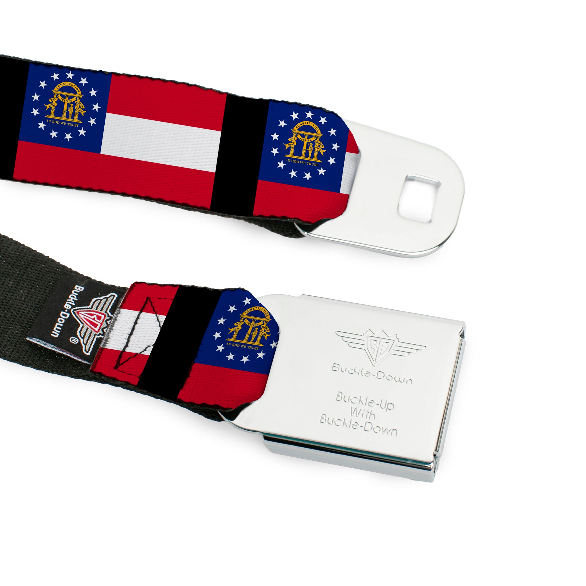 BD Wings Logo CLOSE-UP Full Color Black Silver Seatbelt Belt - Georgia Flags/Black Webbing Seatbelt Belts Buckle-Down